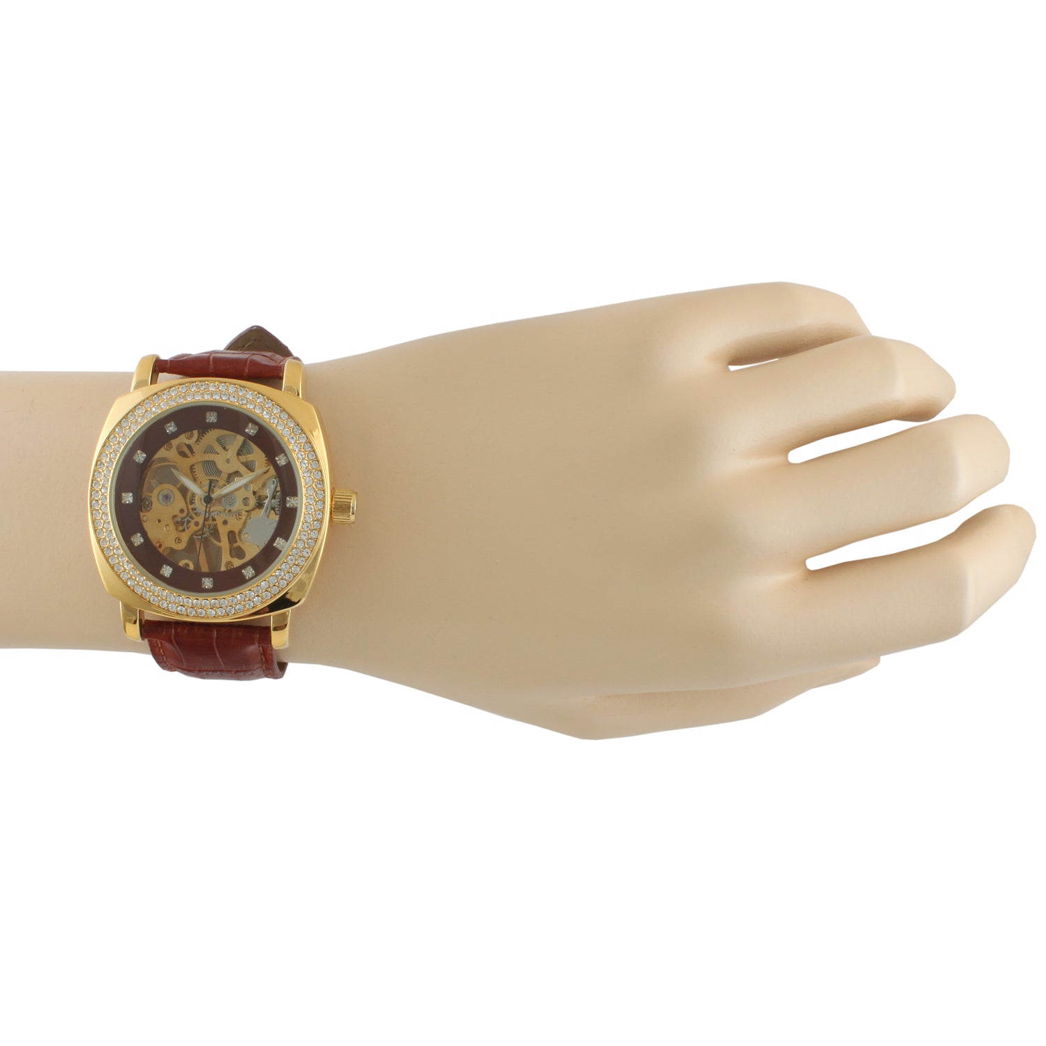 Women's Mechanical Skeleton Watch with Crystal Bezel & Brown Leather Band