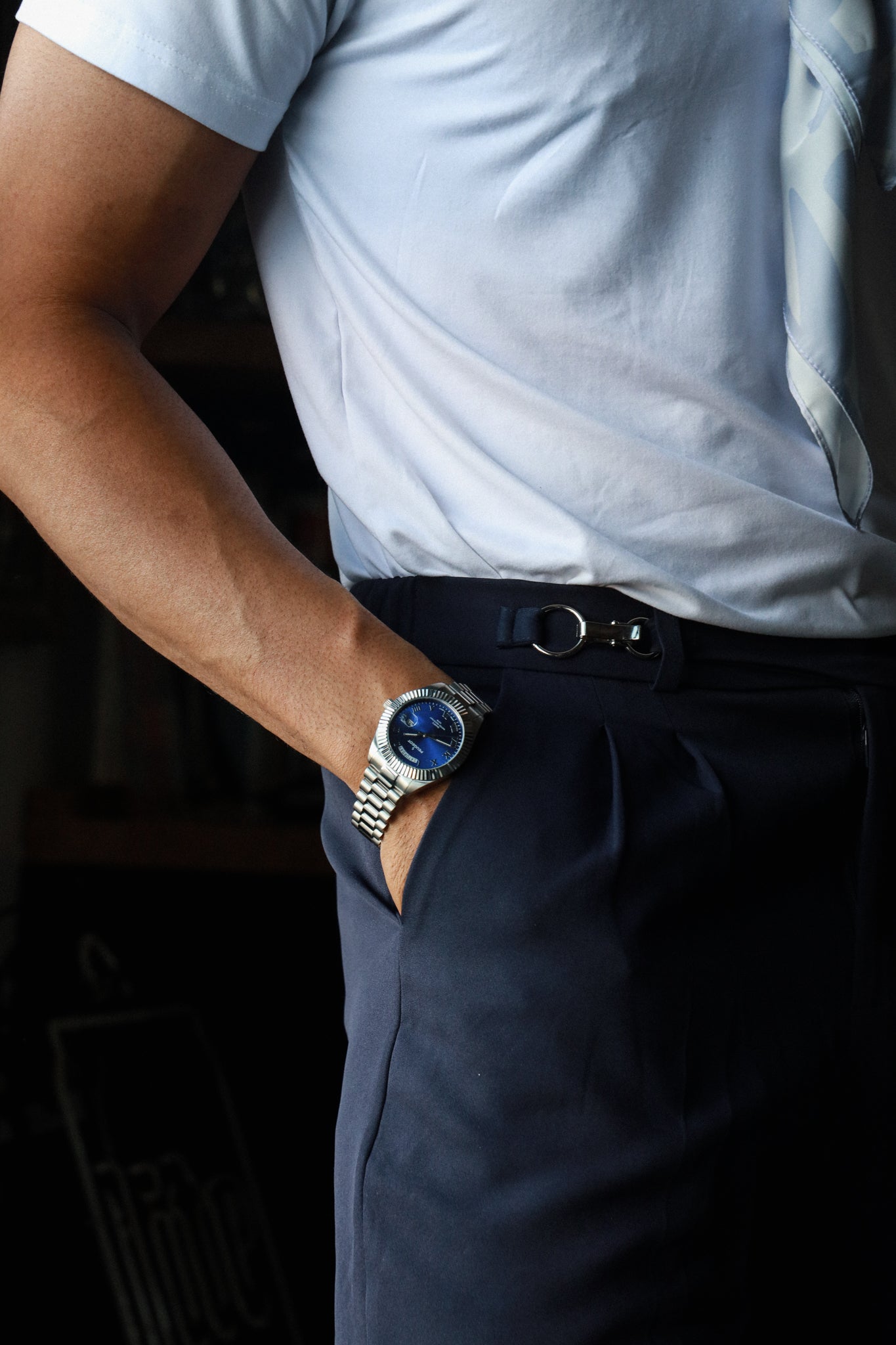 Men's 40mm Blue Face Fluted Bezel Steel Bracelet Watch