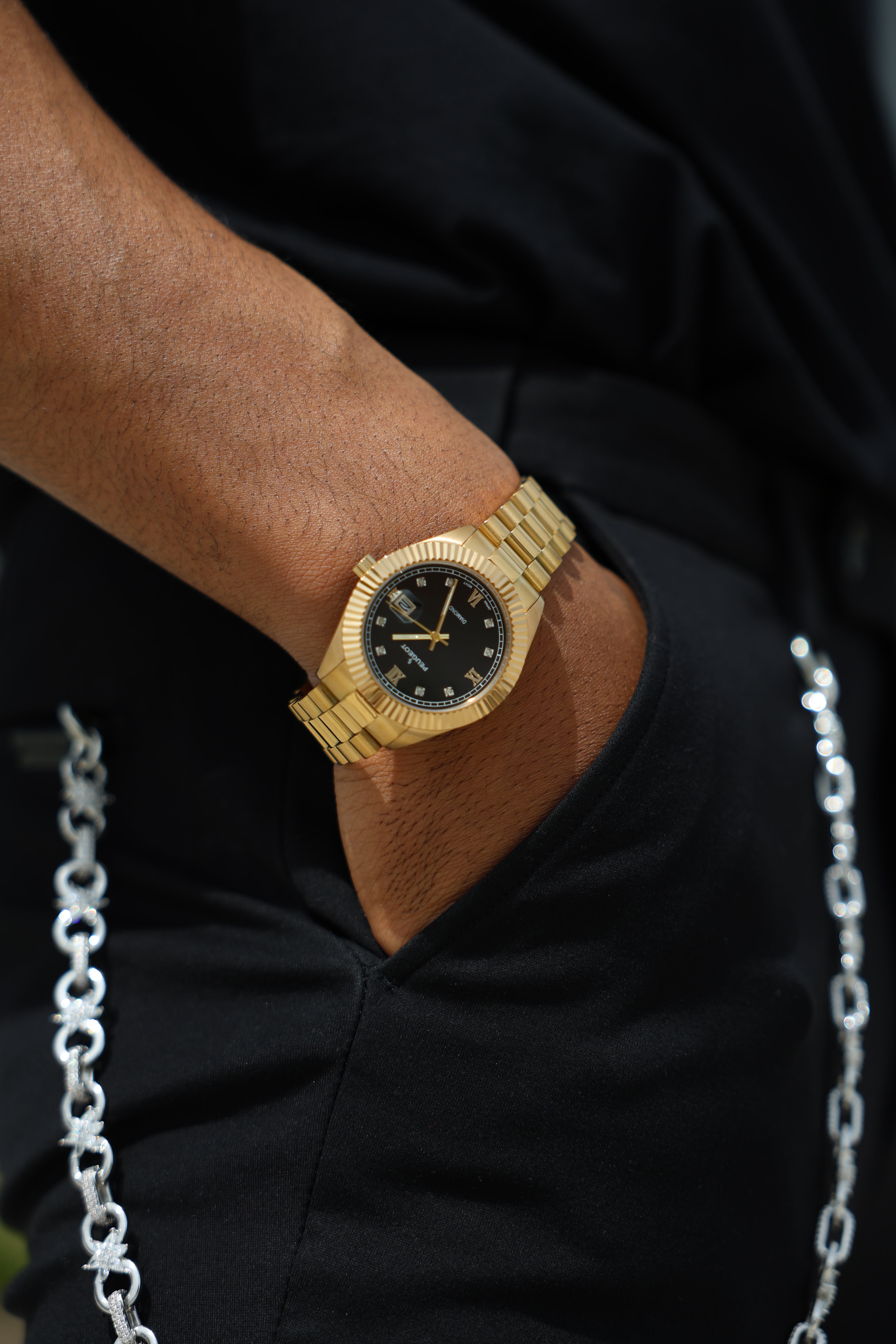 Men's 40mm Black Dial 14K Gold Plated Genuine Diamond Dial Watch