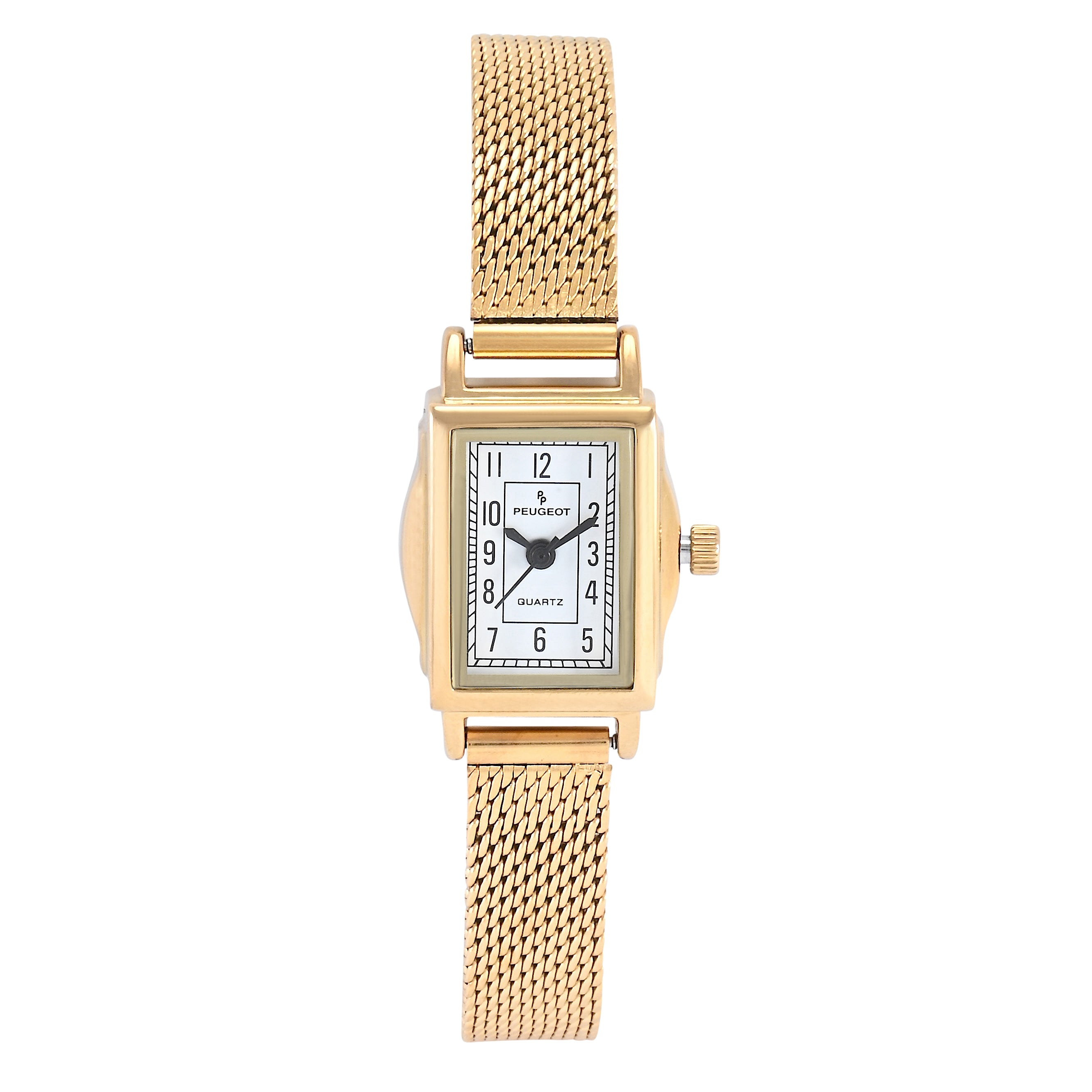 Women's Vintage 14K Gold-Plated Rectangular Small Face Watch with Gold Mesh Bracelet