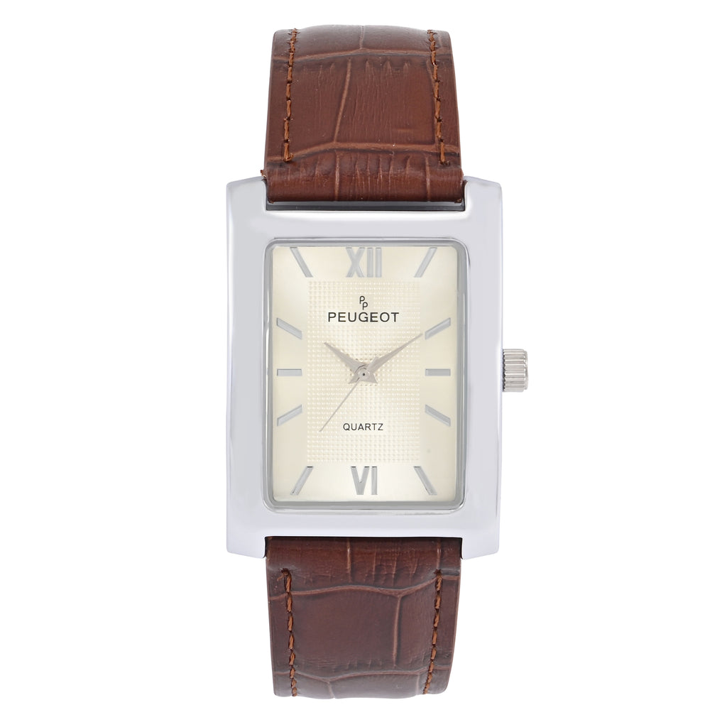 Peugeot Men's Watch Silver Tone Tank Shape with Brown Strap