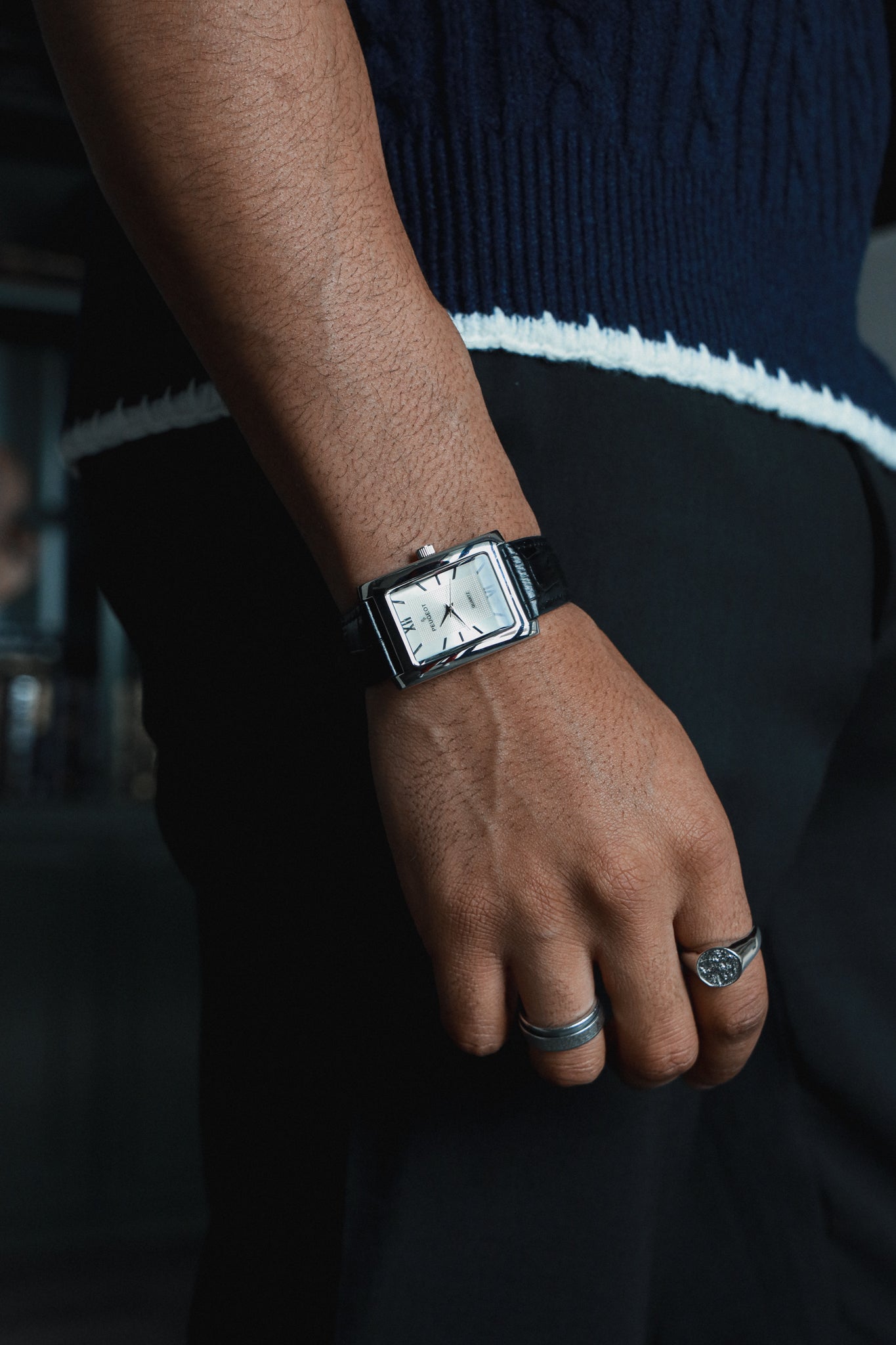 Men's 30X40mm Silver Tank Shape Watch with Black Strap