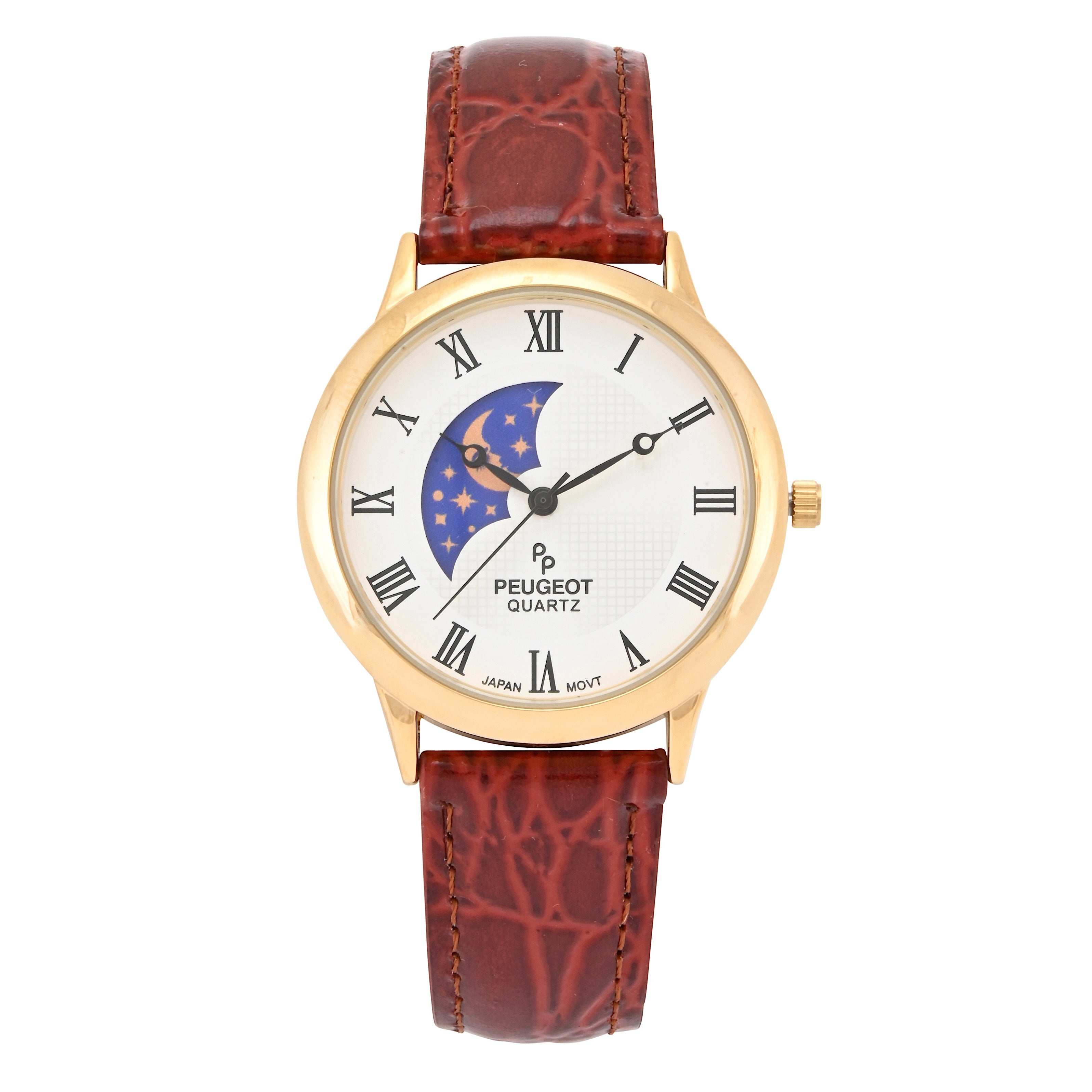 Men's 38mm Brown Sun-Moon Leather Strap watch
