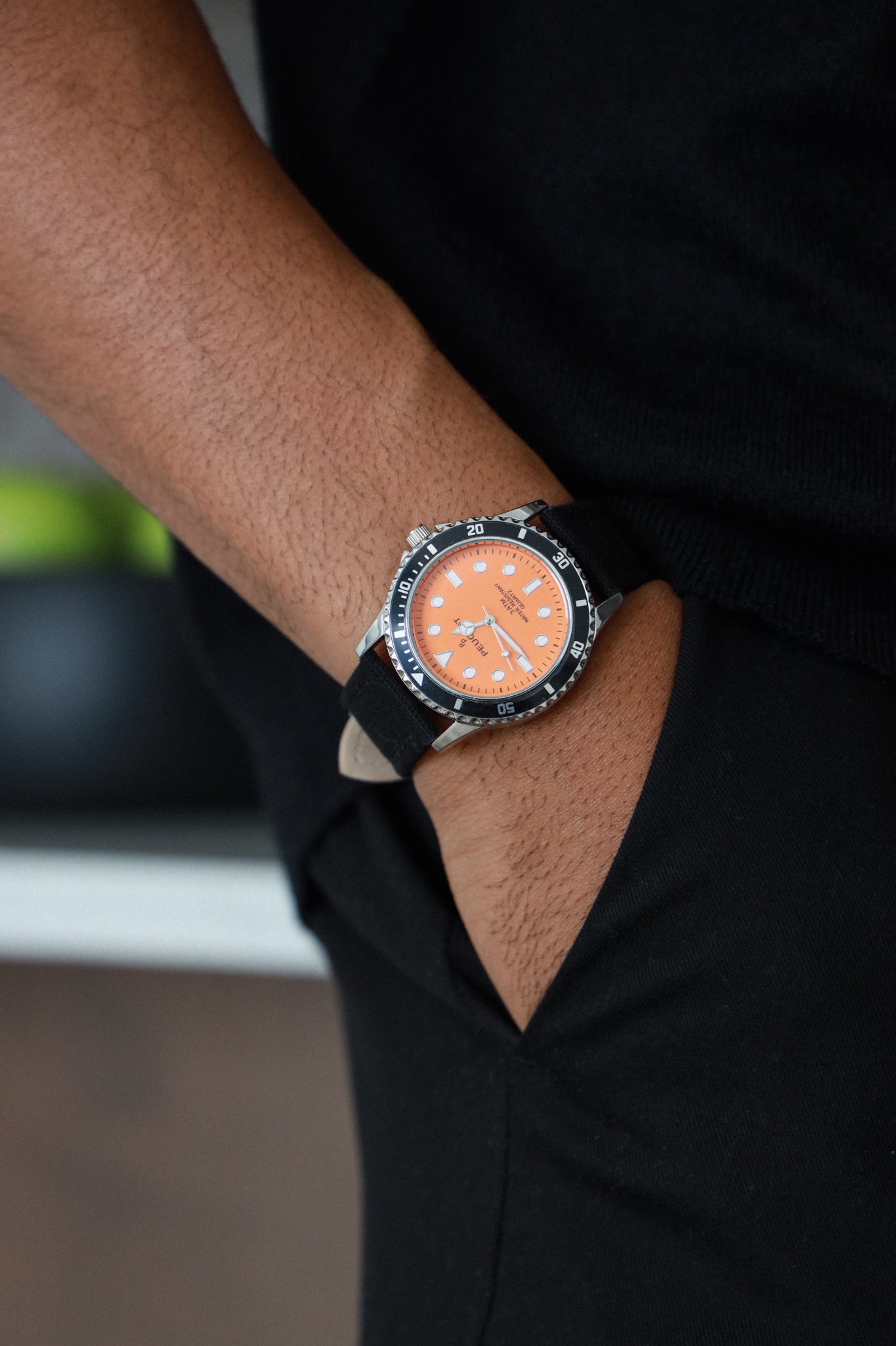 Men's 42mm Sport Bezel Watch with Orange Dial and Canvas Strap