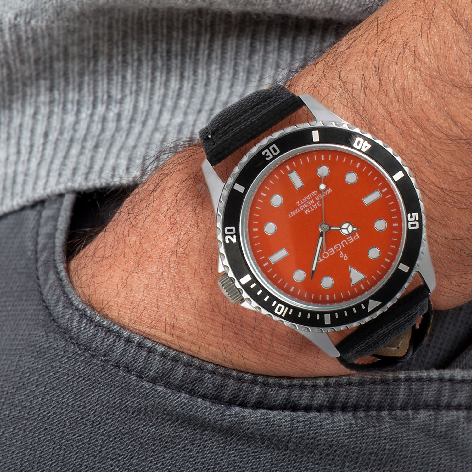 Men's 42mm Sport Bezel Watch with Orange Dial and Canvas Strap