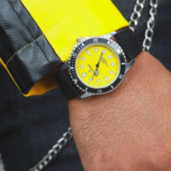 Men's 42mm Sport Bezel Watch with Yellow Dial and Canvas Strap