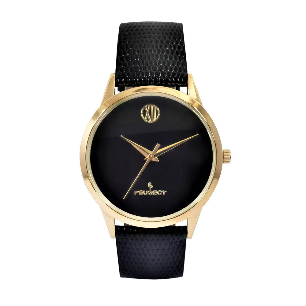 Peugeot Men's Watch Round Gold With Nude Black Dial and Black Strap