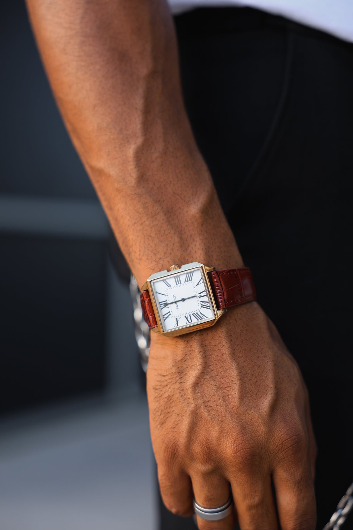 Men's 14K Gold-Plated Square Vintage Dress Watch with Roman Numeral Dial and Brown Leather Strap