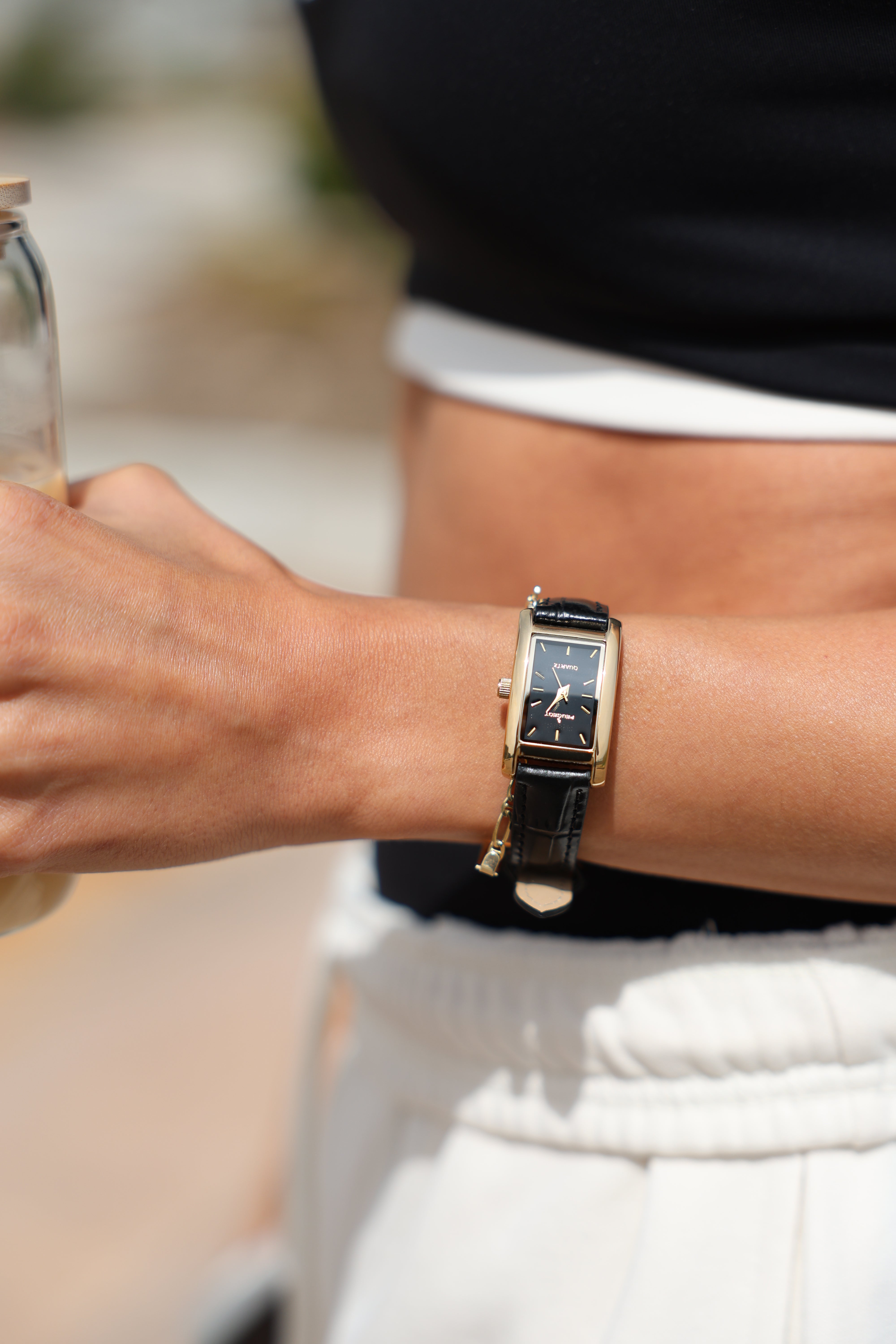 Women's 34x20mm Contour Dress Watch Black Leather Strap