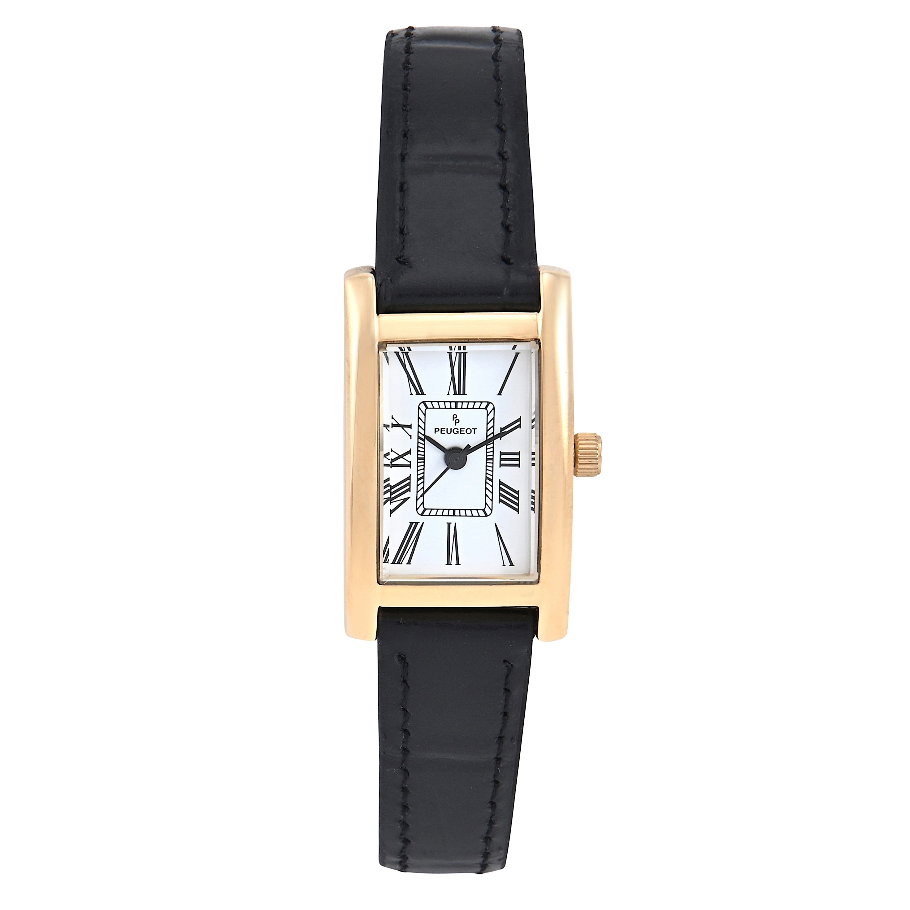 Women rectangular tank shape watch 14k gold plated with white dial with black roman numerals and black leather strap