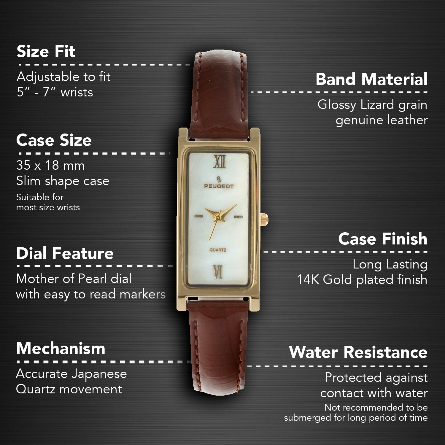 Women's 35x18mm Watch Glossy Brown Leather Strap