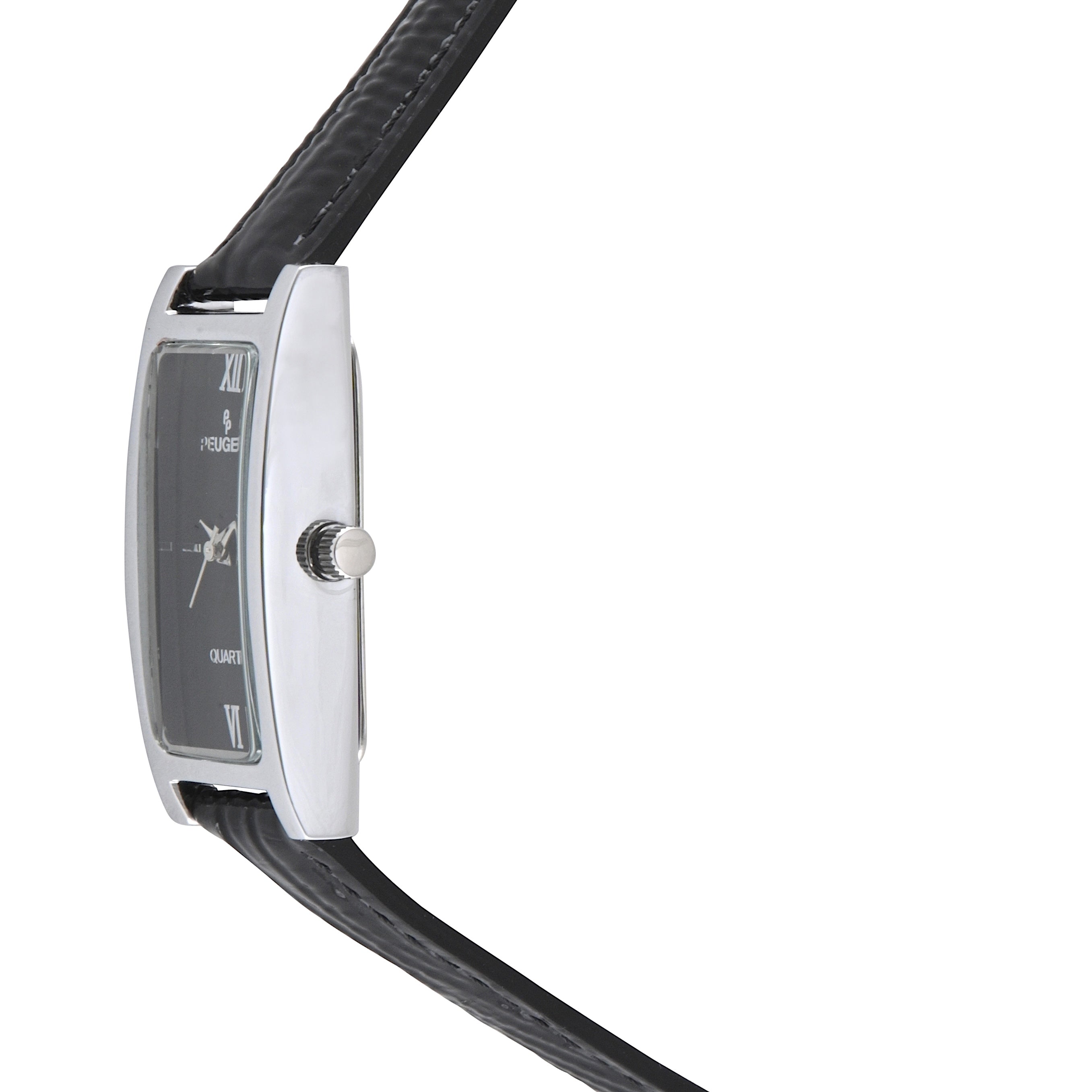 Womens 36x18mm Black Dial Watch with Glossy Black Leather Strap