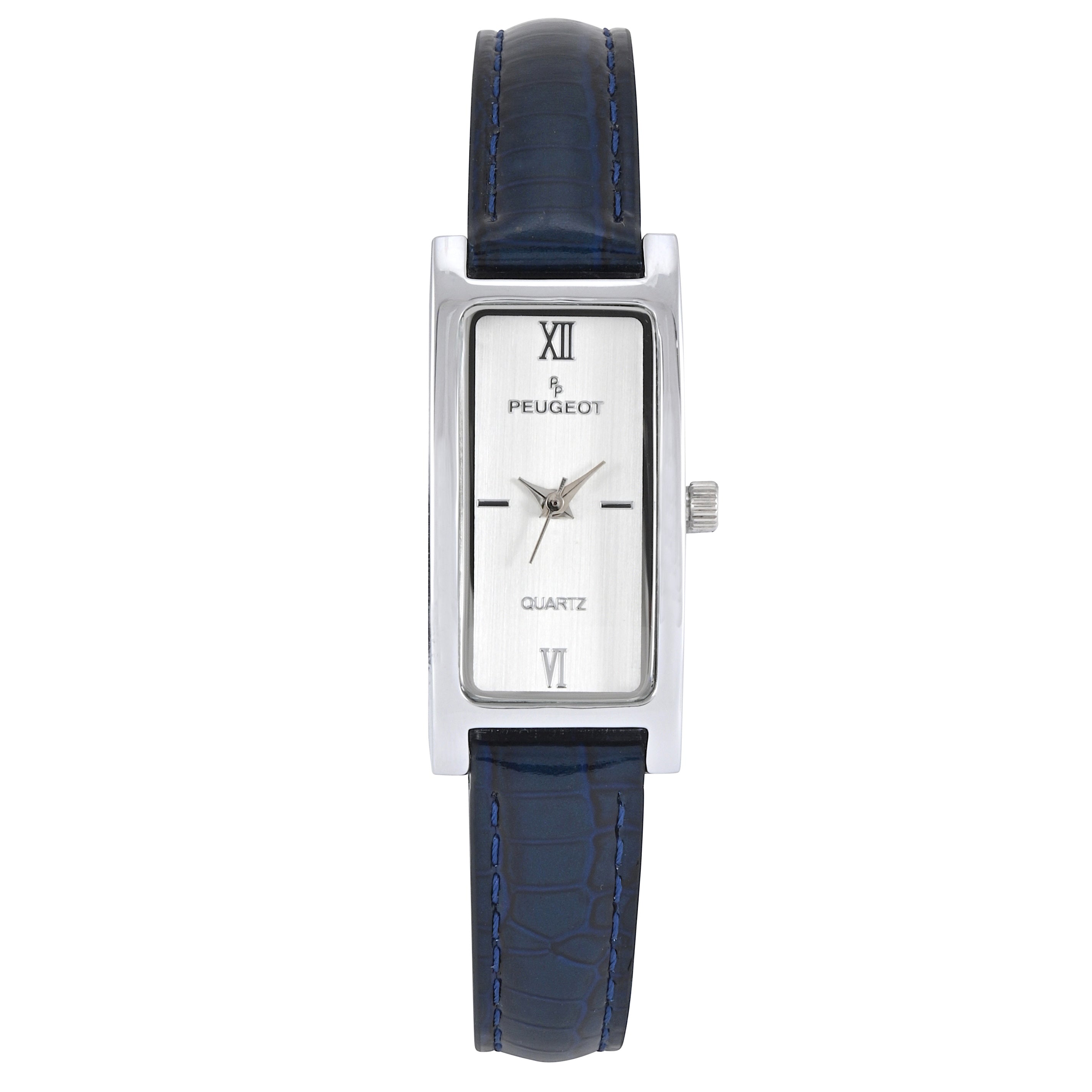 Womens 36x18mm Silver Dial Watch with Glossy Blue Leather Strap