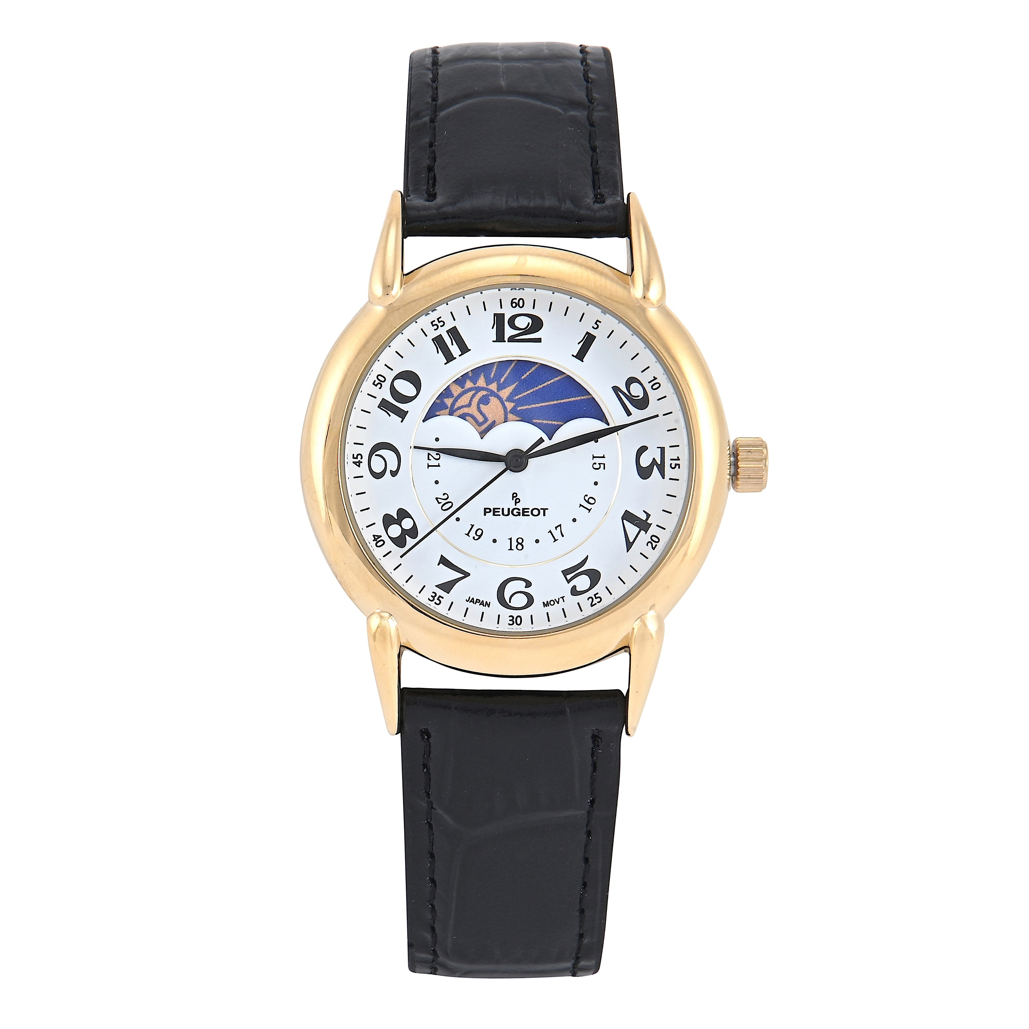 Peugeot men's retro sun moon watch in 14K gold tone case white dial with easy to read Arabic numerals matched with a black alligator embossed leather strap