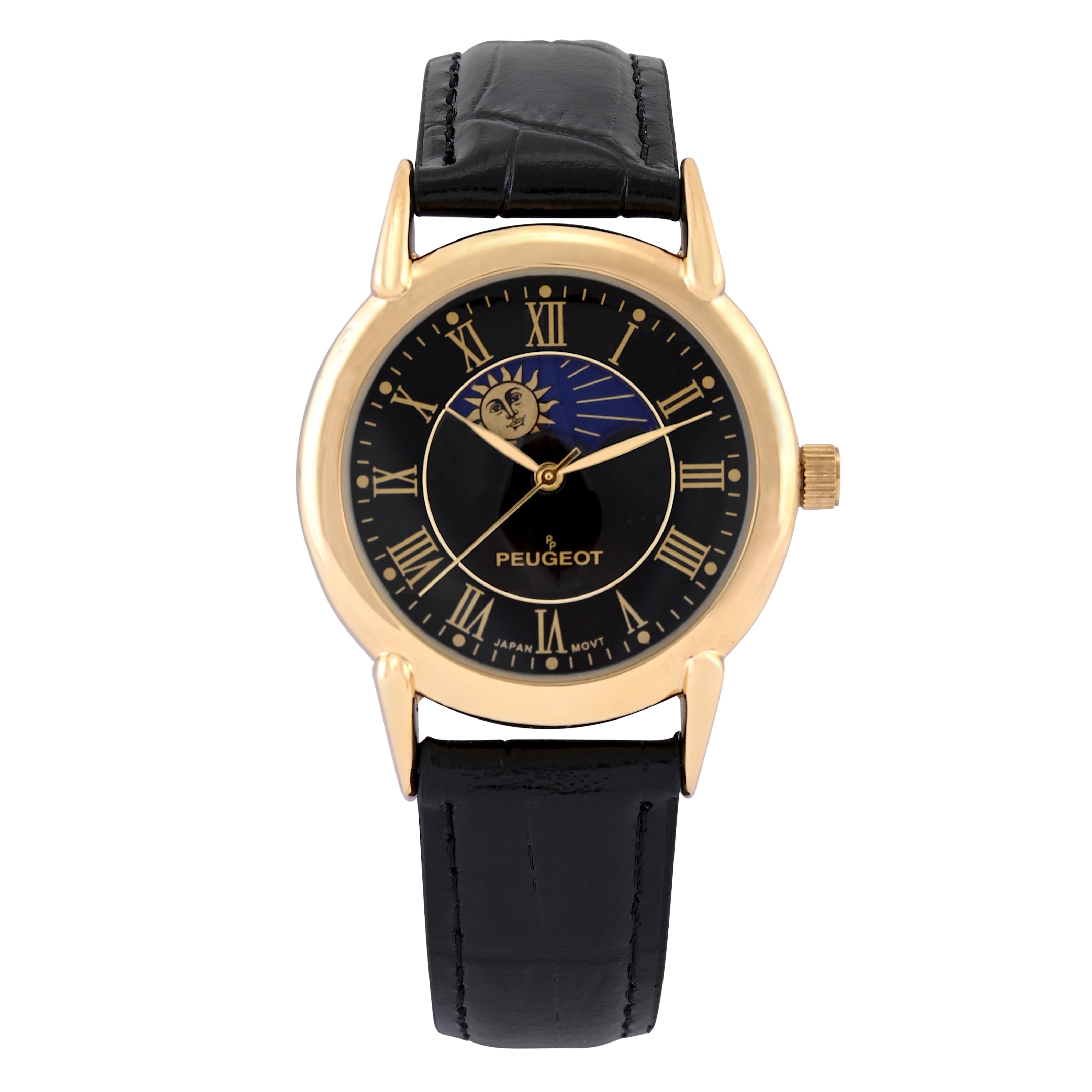 Men's 40mm Vintage Black Dial Sun Moon Black Leather Strap Watch