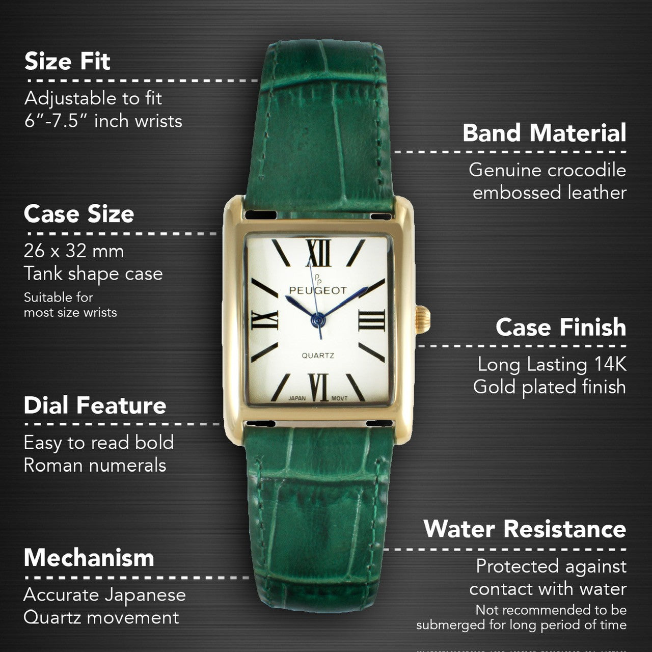 Women's Tank Watch Roman Dial Green Strap