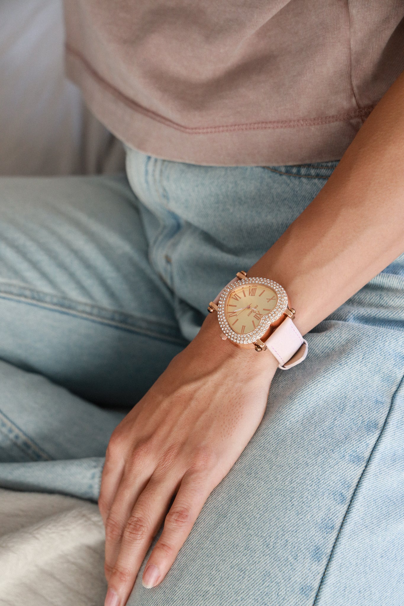 Peugeot Women's Heart Shaped Rose Gold Crystal Watch with Blush Pink Strap