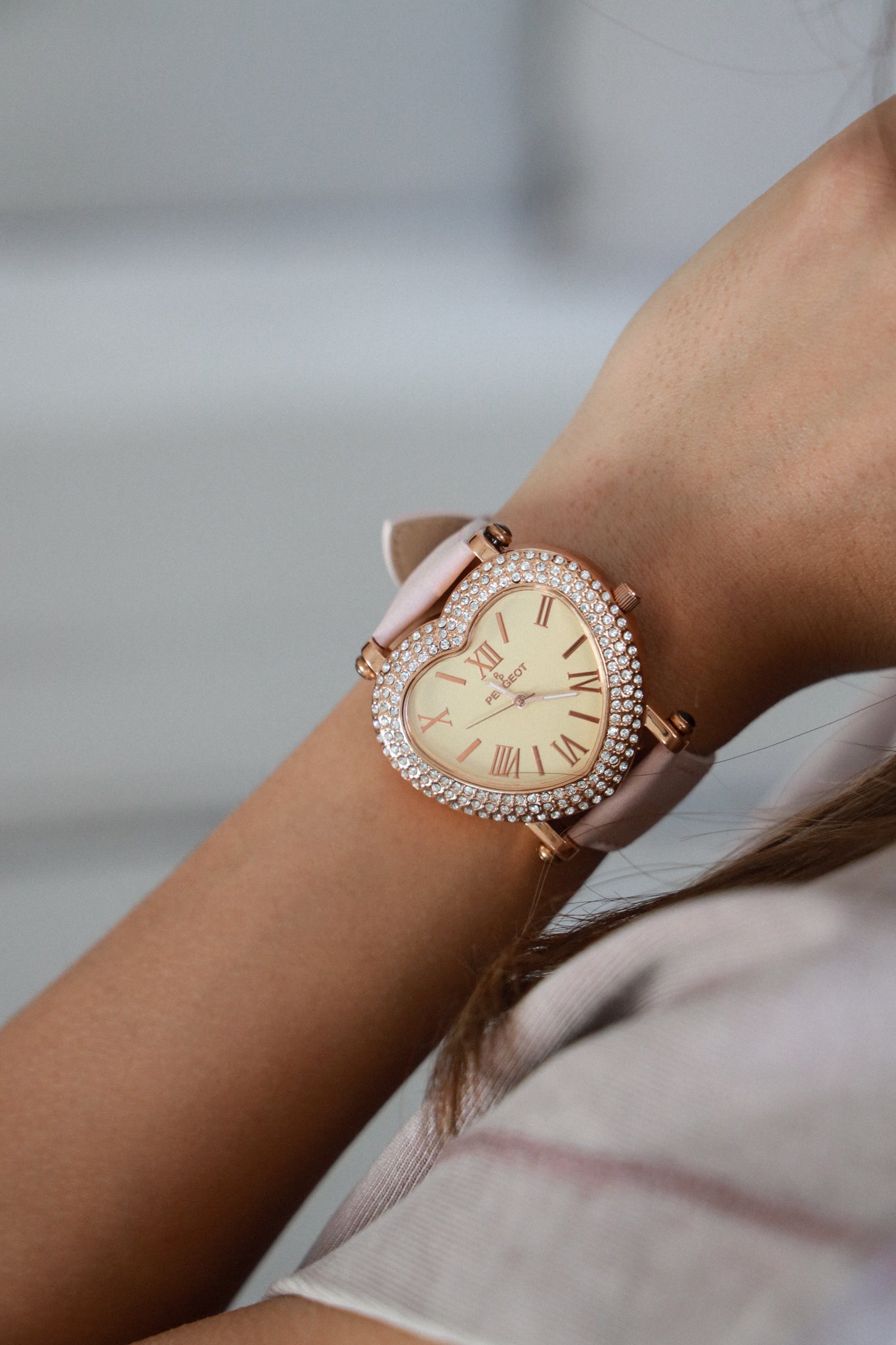 Peugeot Women's Heart Shaped Rose Gold Crystal Watch with Blush Pink Strap