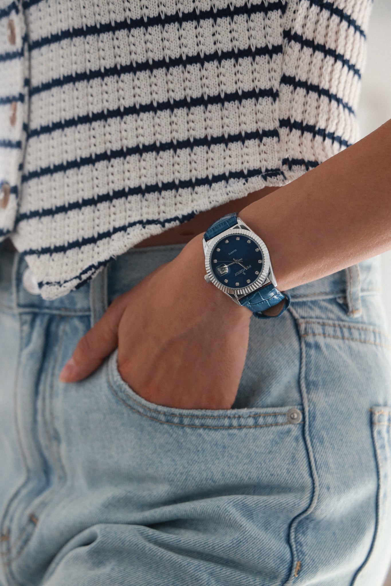 Women's 36mm Blue Fluted Bezel Watch with Leather Strap