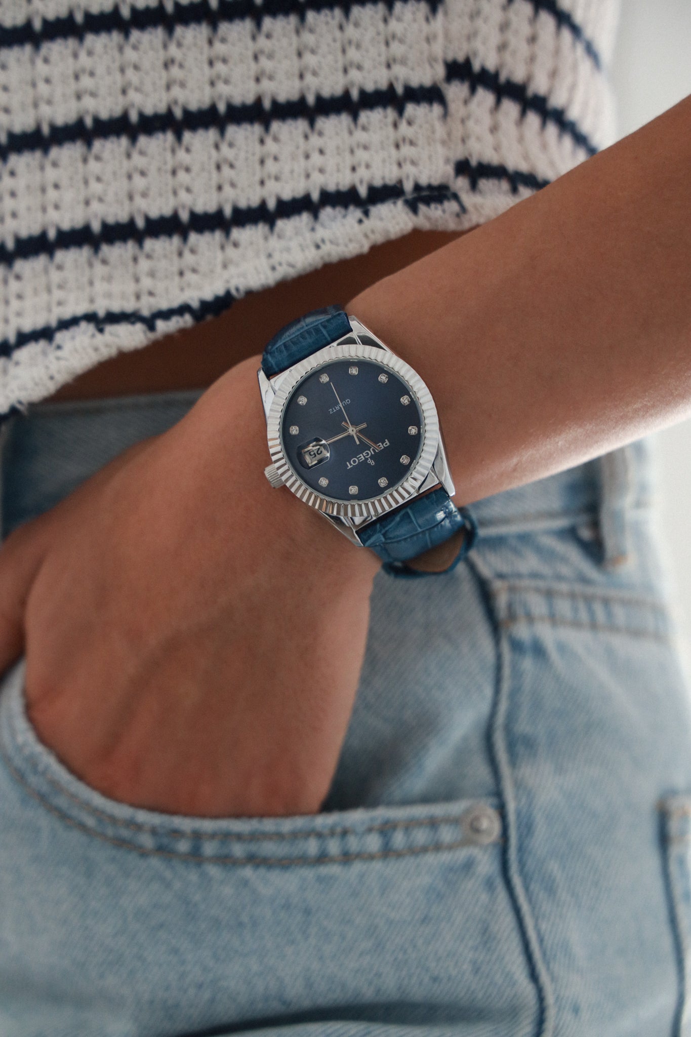 Women's 36mm Blue Fluted Bezel Watch with Leather Strap