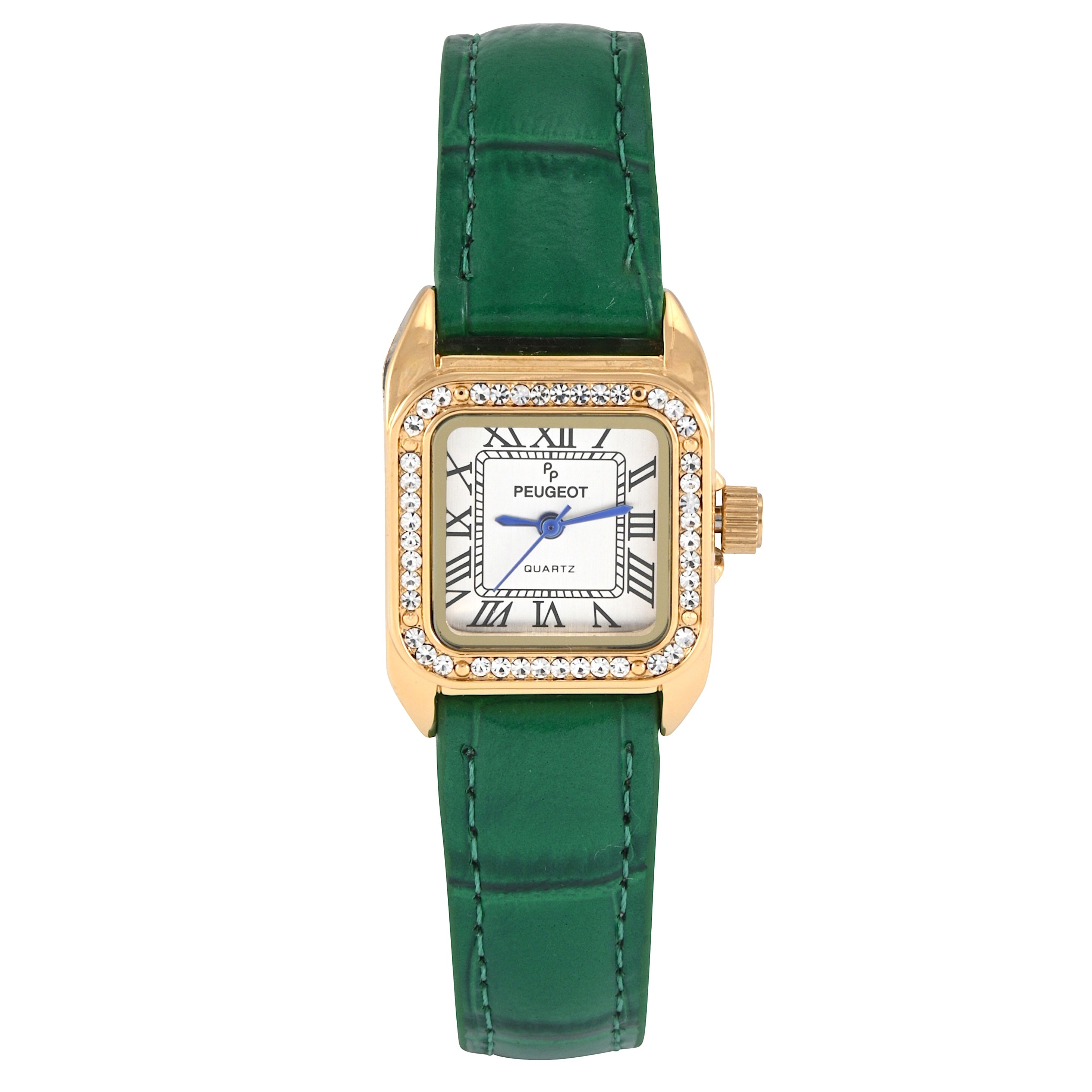 Women's 34x24mm Tank Watch with Crystal Bezel Green Leather Strap