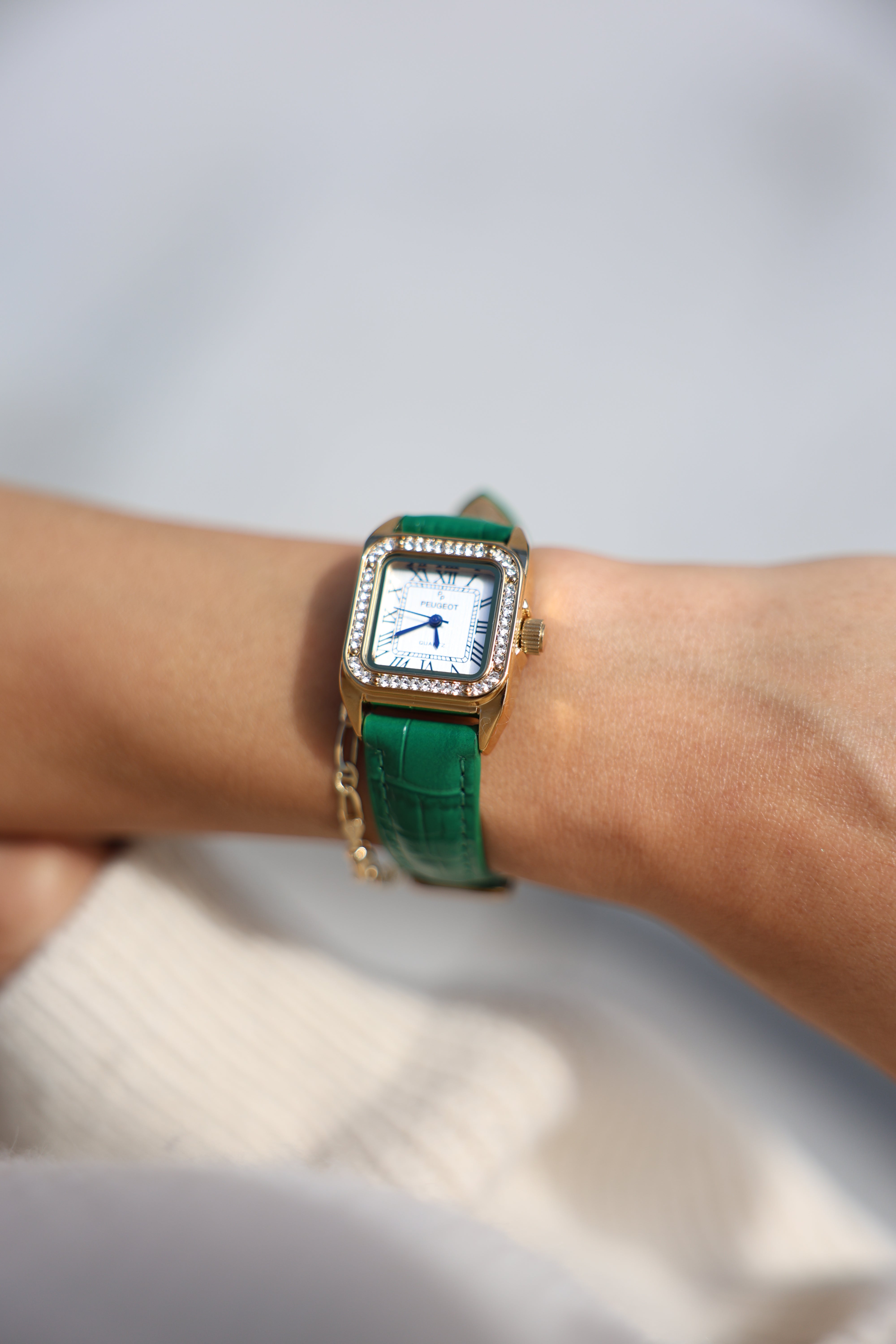 Women's 34x24mm Tank Watch with Crystal Bezel Green Leather Strap