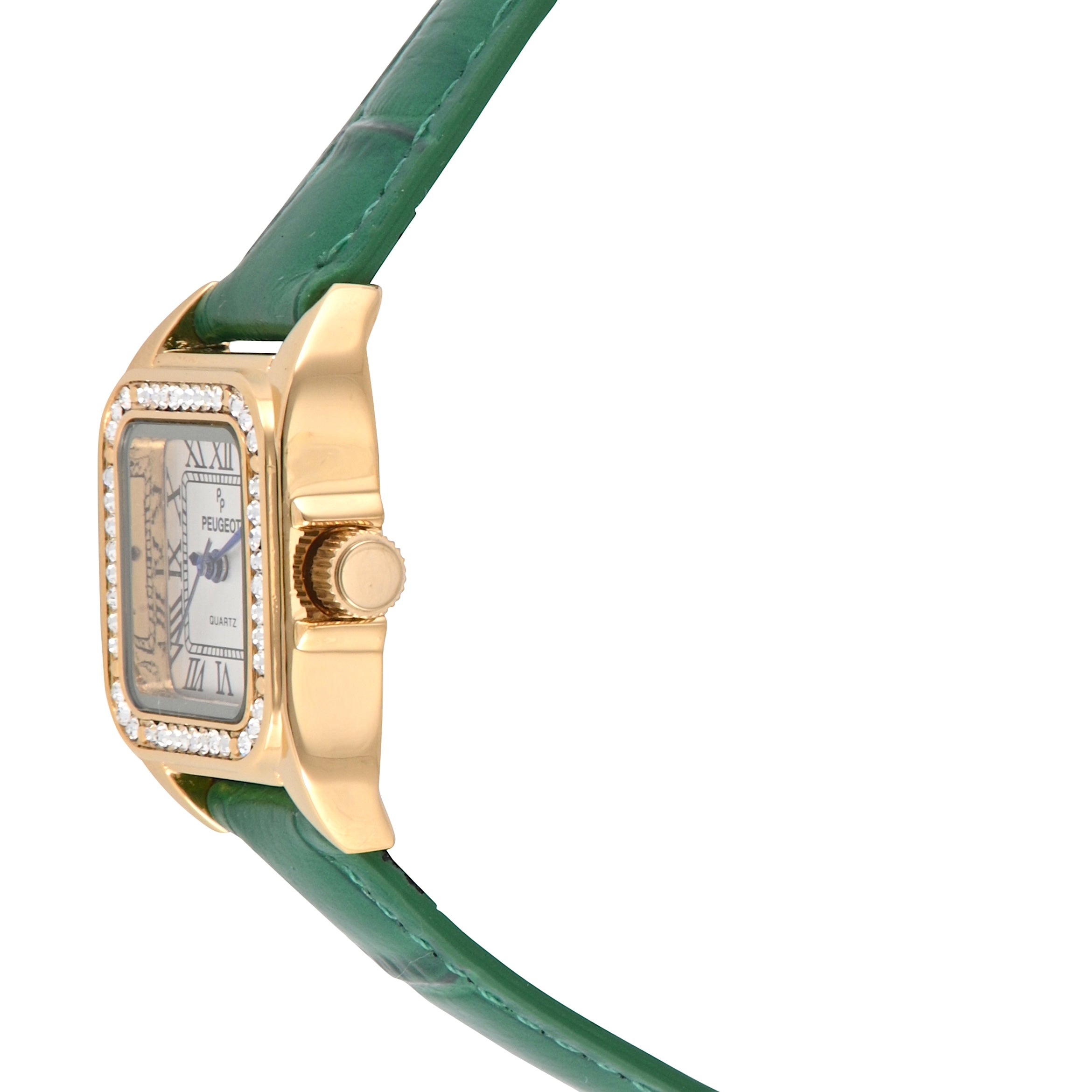 Women's 34x24mm Tank Watch with Crystal Bezel Green Leather Strap