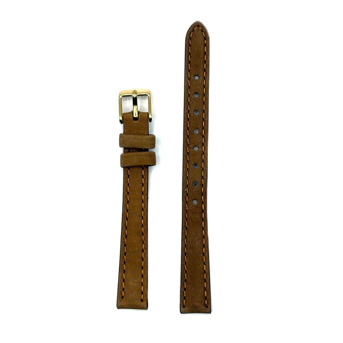 Women's Brown Suede Stitched Leather Strap- Gold Buckle | 12MM