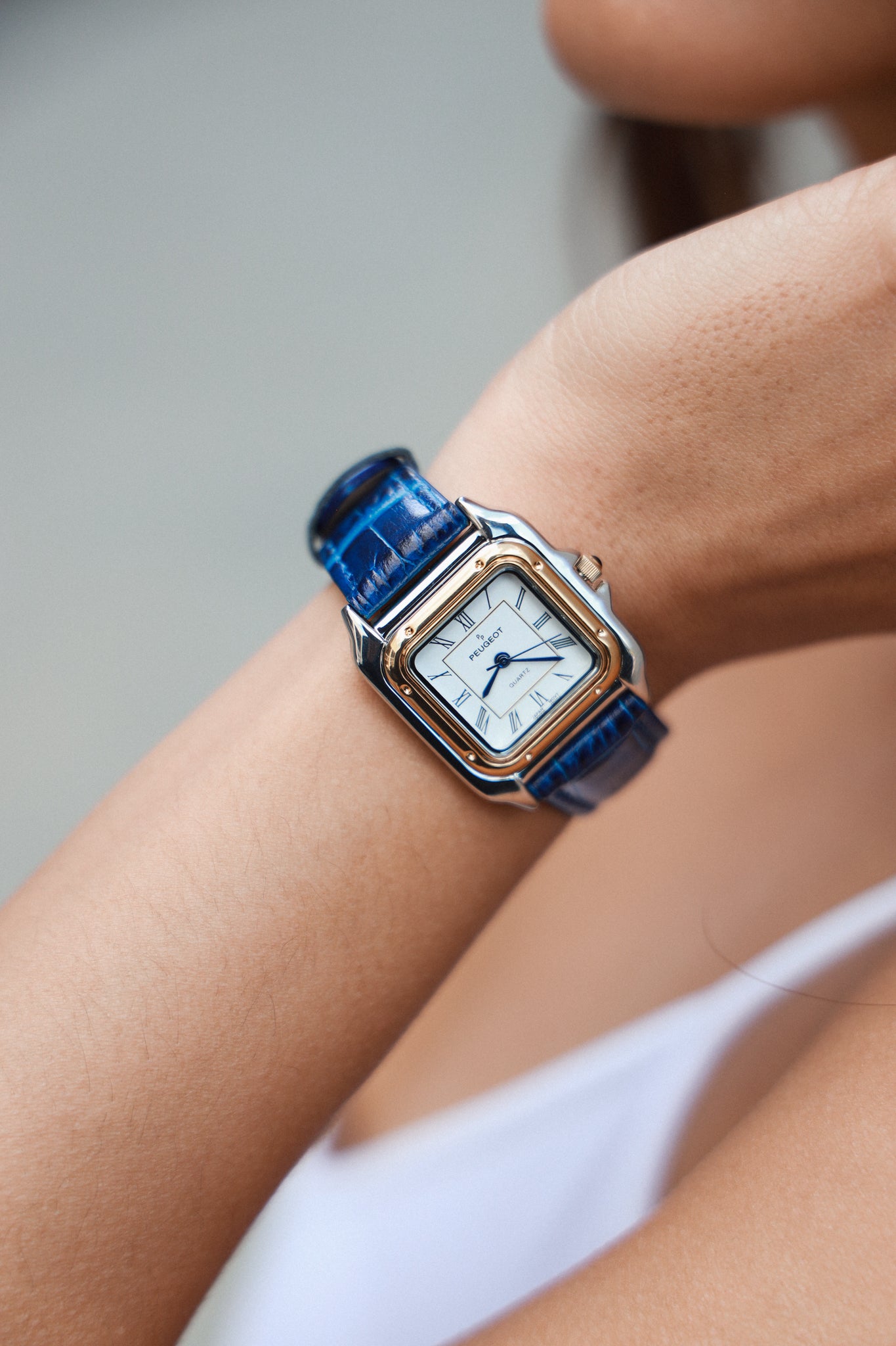 Women's Watch 36mm Square Tank Shape Blue Leather Strap Watch