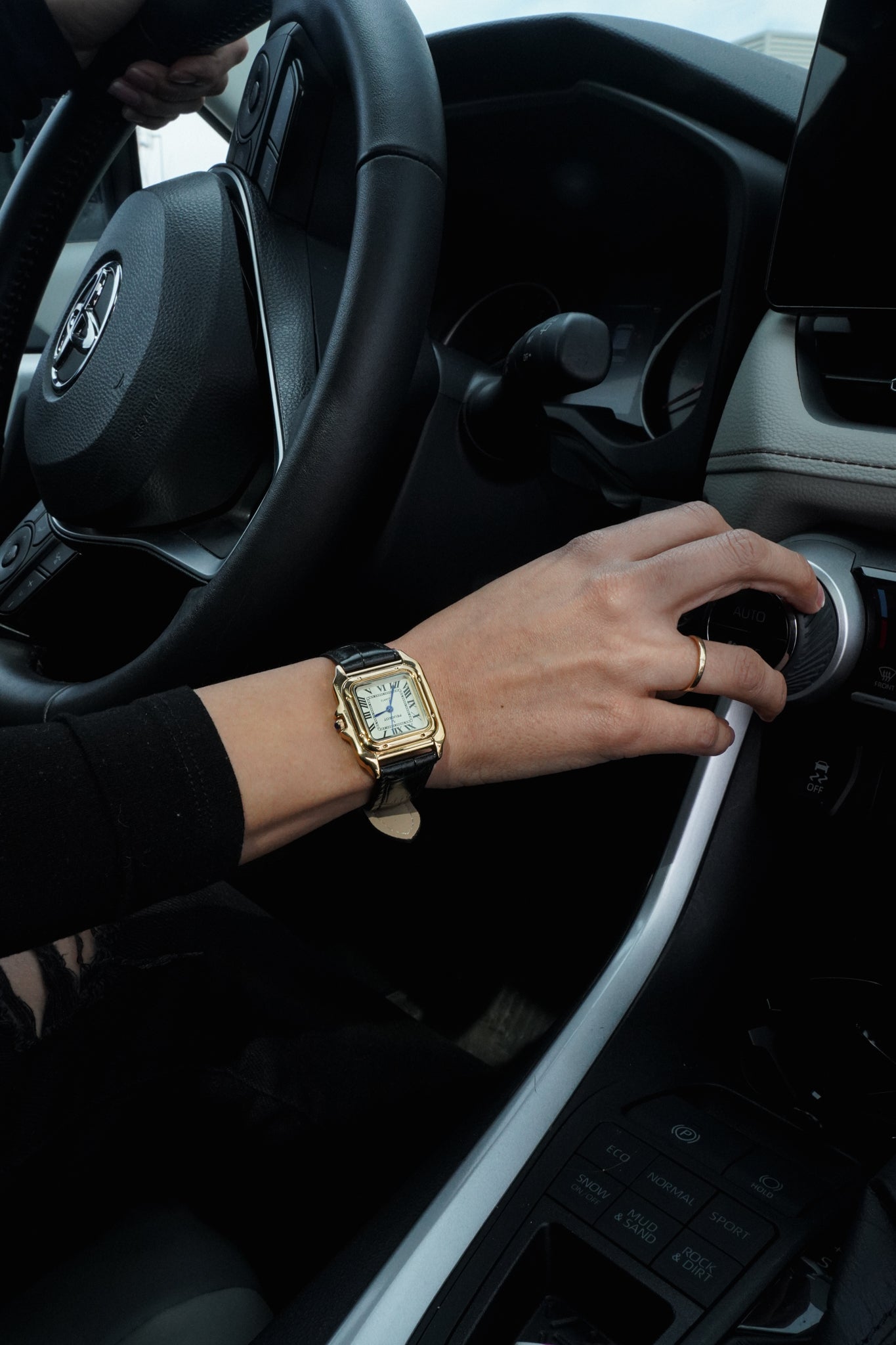 Women's 14K Gold-Plated 32mm Tank Shape Black Leather Strap Watch