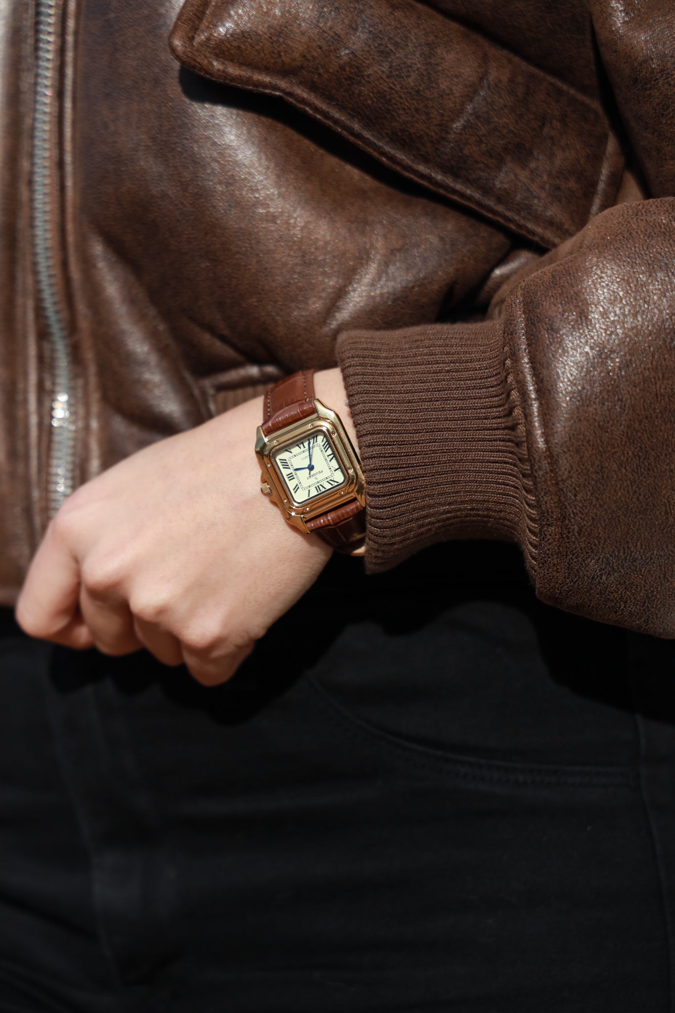 Women's 14K Gold-Plated 32mm Tank Shape Brown Leather Strap Watch