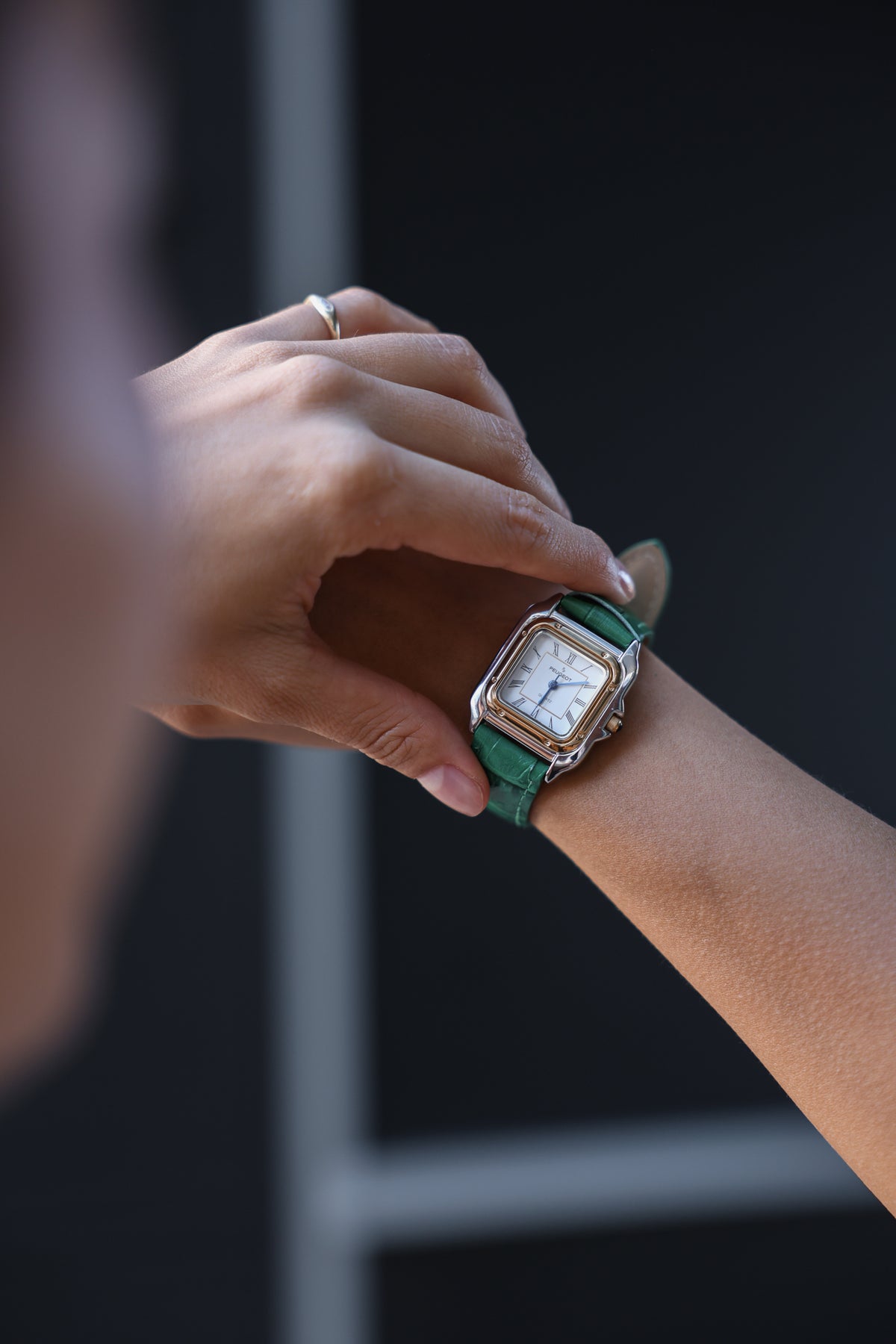 Women's Watch 32mm Square Tank Shape Green Leather Strap Watch