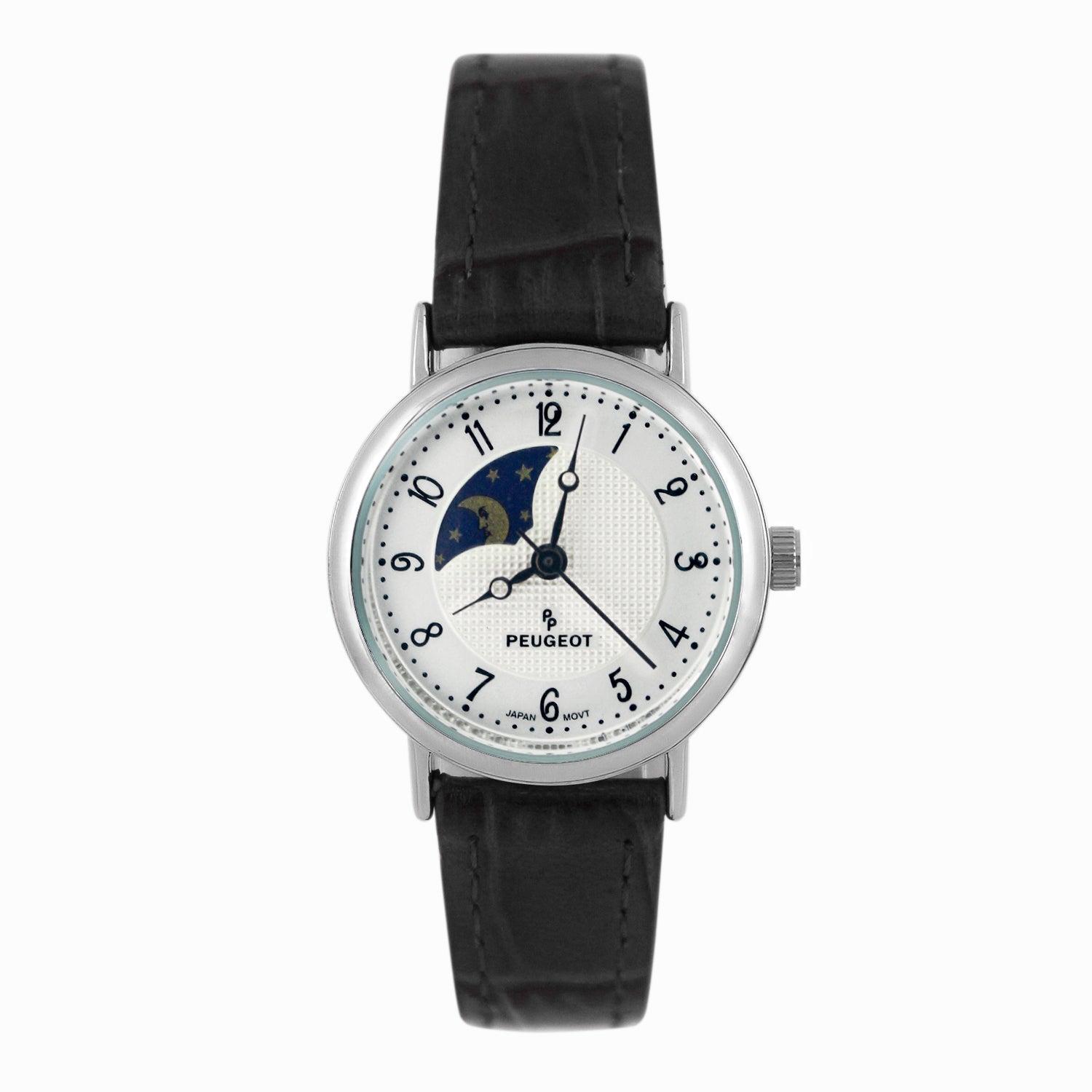 Women's 26mm Sun-Moon Phase Silver Watch with Black Leather Strap