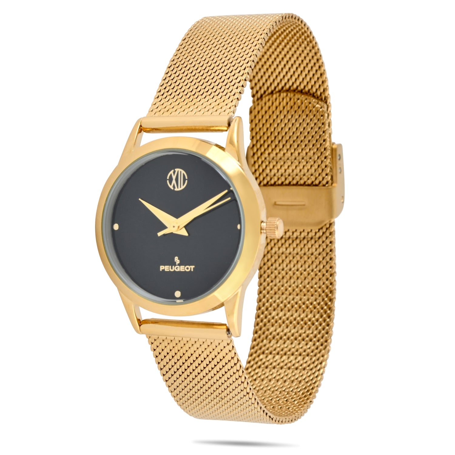 Women's 30mm Wafer Slim Gold Plated Case Watch with Mesh Band