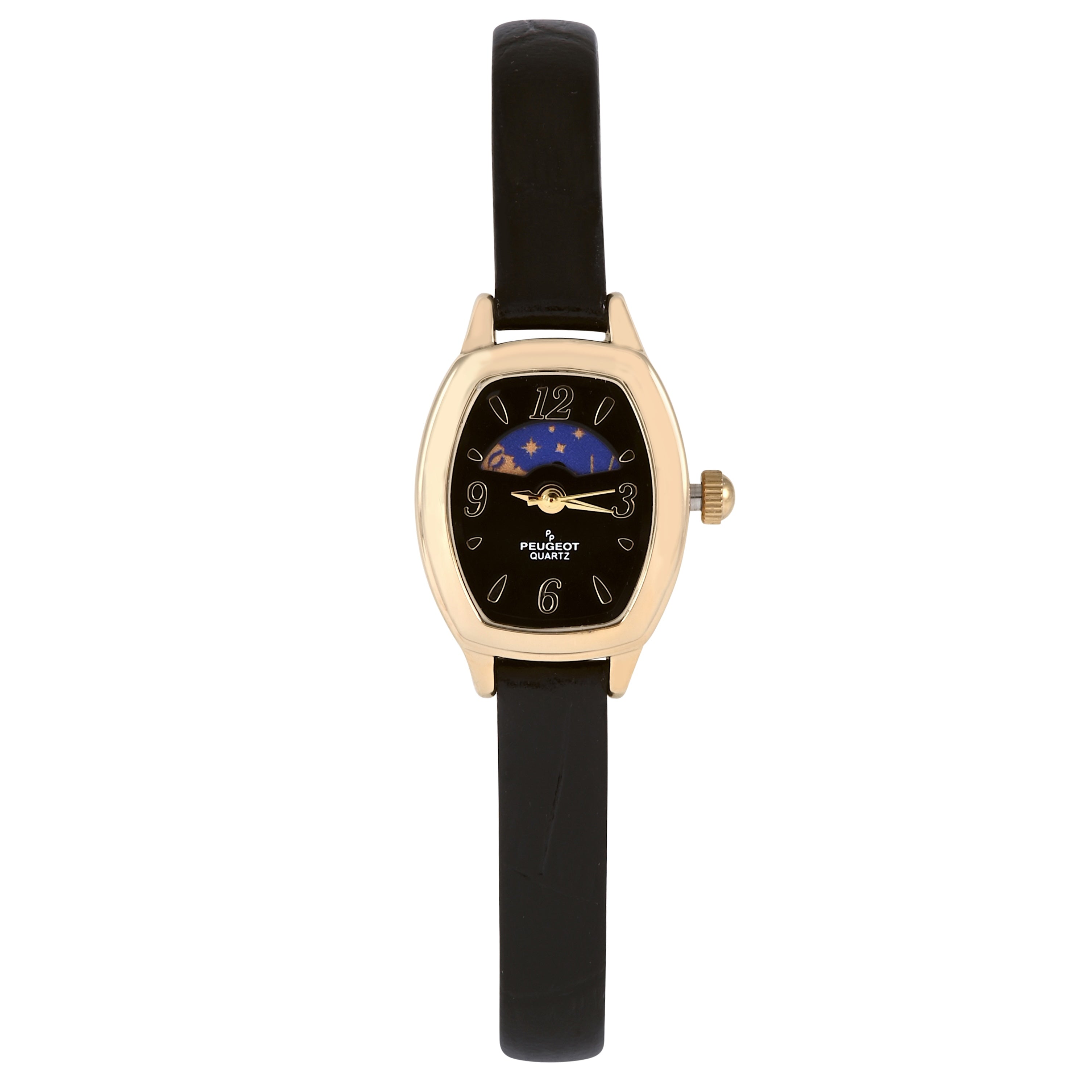 Women's Black Dial Moon phase Watch 30x20mm Slim Leather Strap