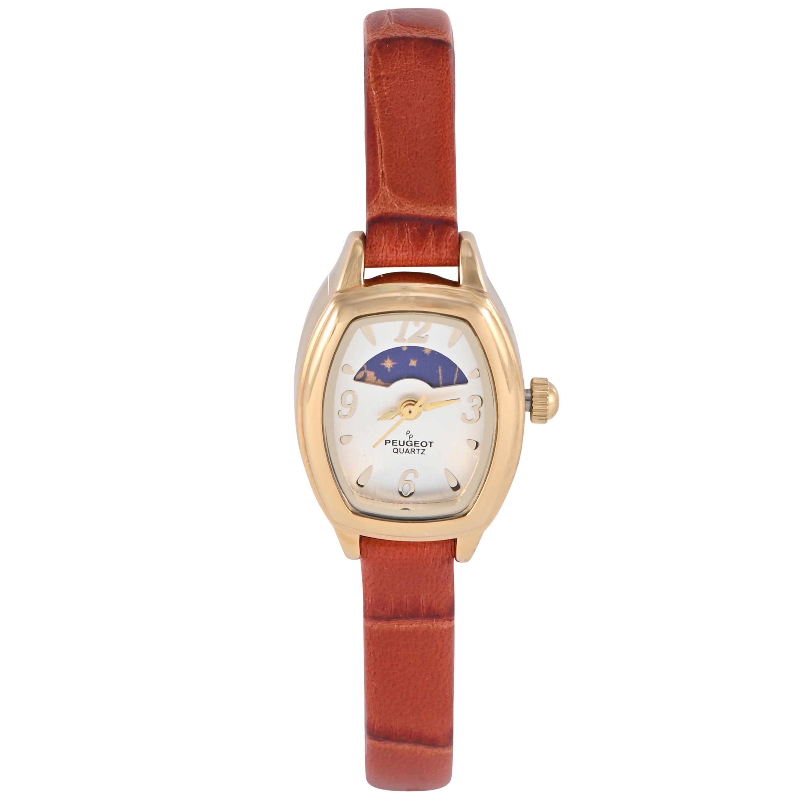 Women petite 14k gold tone barrel shape case with white dial and sun moon display. matched with a tan brown strap.