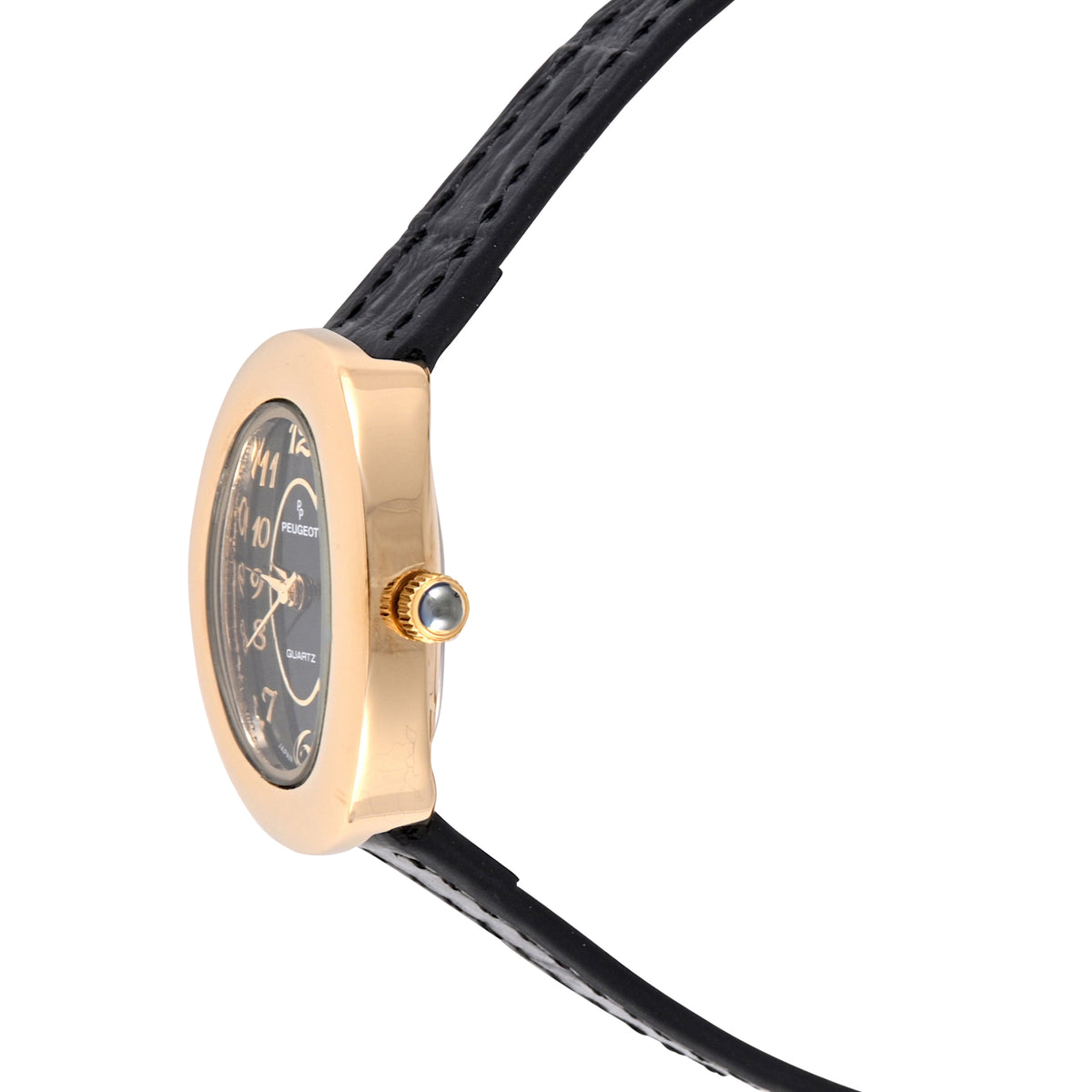 Women's 14K Gold-Plated Petite Black Oval Dial with Thin Leather Strap