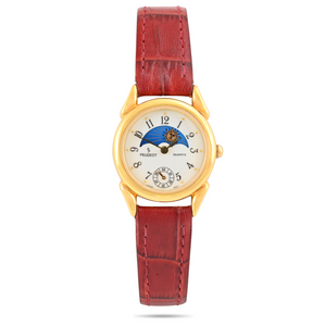 Womens Round 25mm Sun-Moon Phase Watch with Red Leather Band