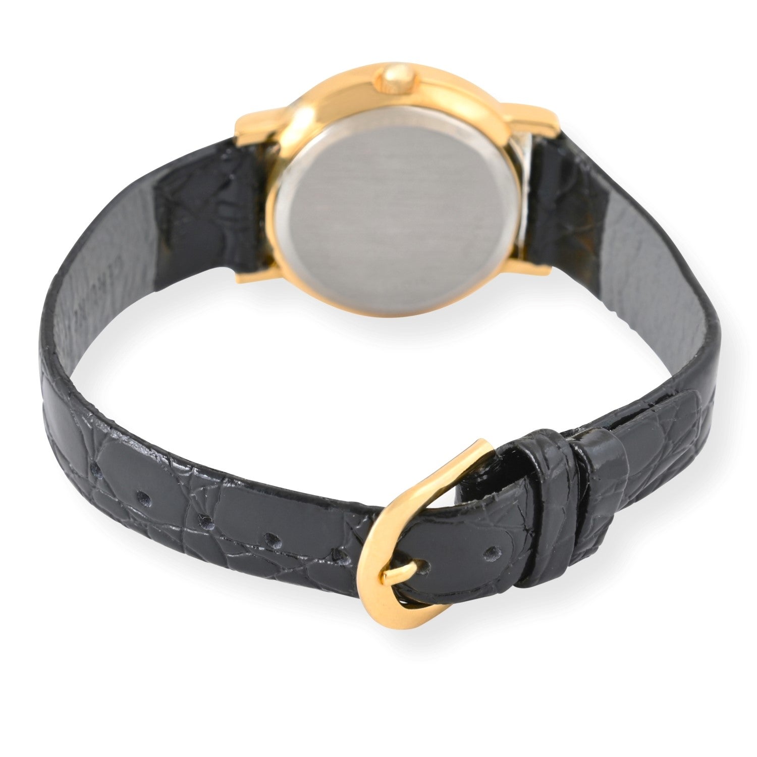 Women's Round 27mm Watch with 14K Gold Plated Case and Black Leather Band