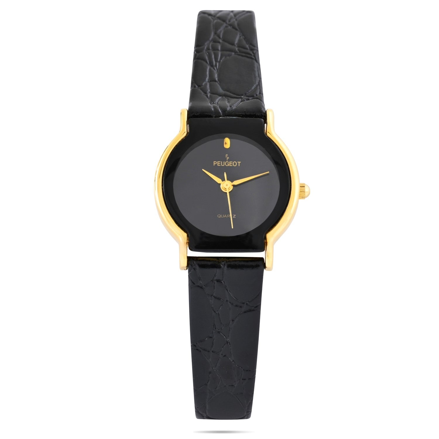 Women's Round 27mm Watch with 14K Gold Plated Case and Black Leather Band