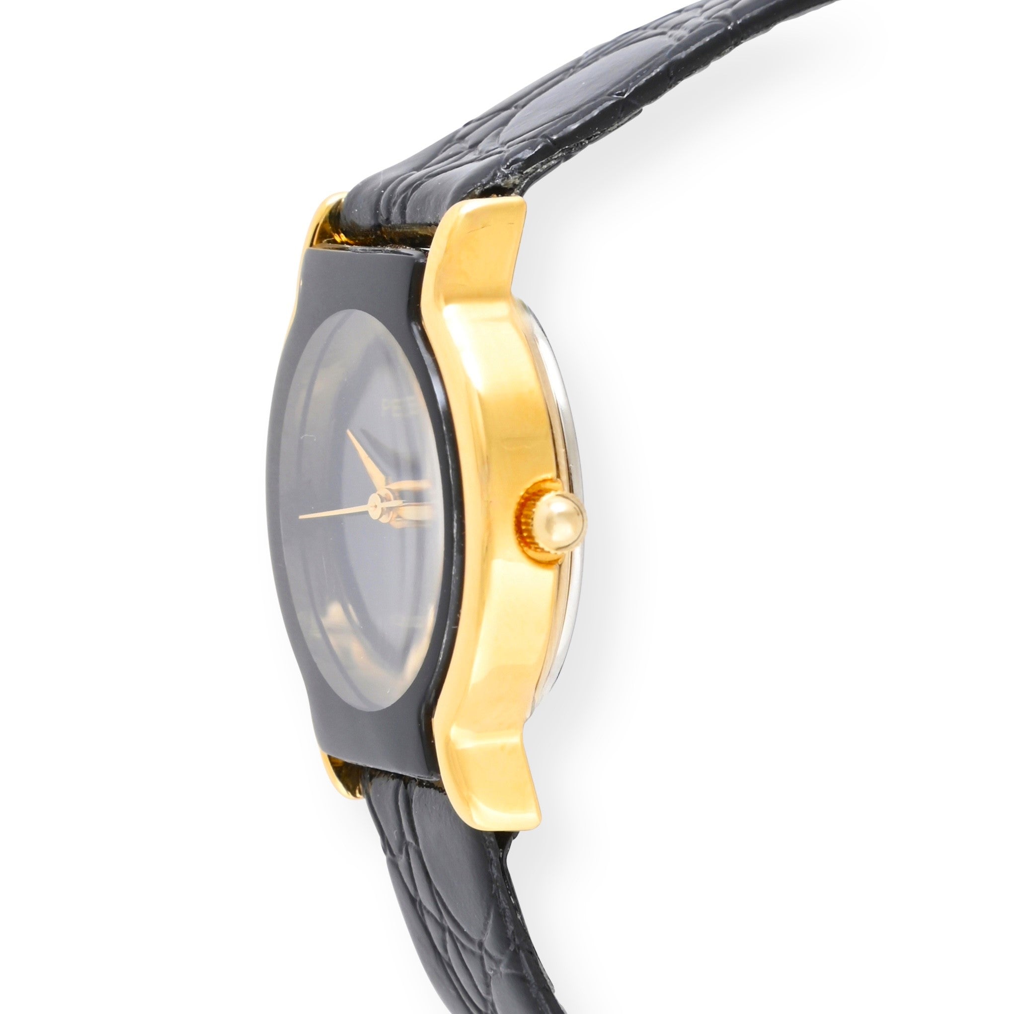 Women's Round 27mm Watch with 14K Gold Plated Case and Black Leather Band