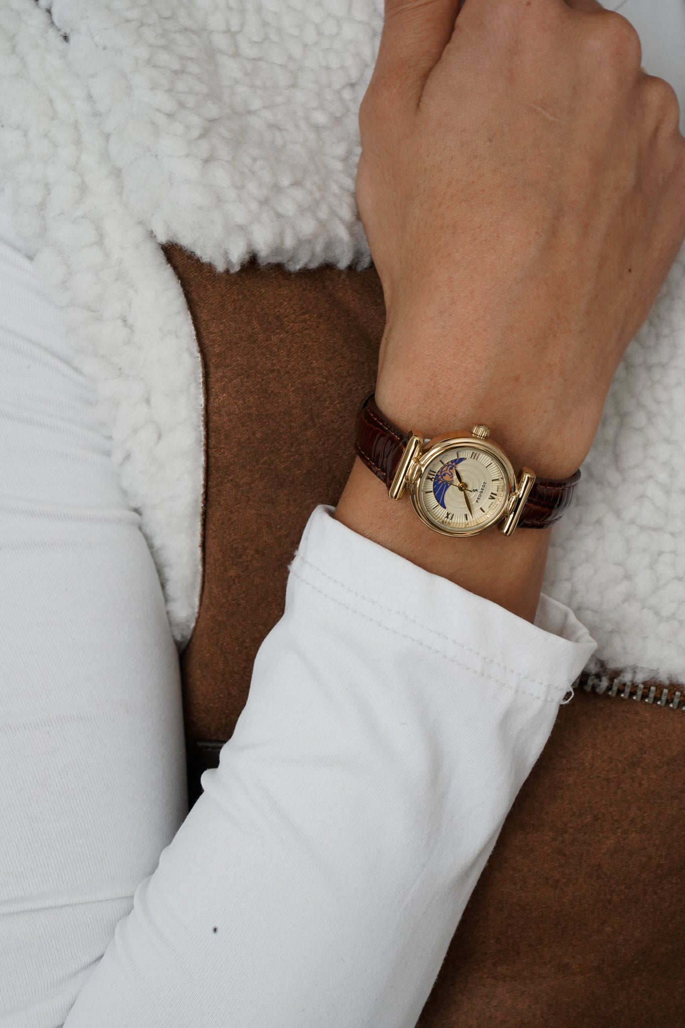 Women's Petite 14K Gold-Plated 25mm Sun-Moon Watch with Brown Glossy Leather Strap