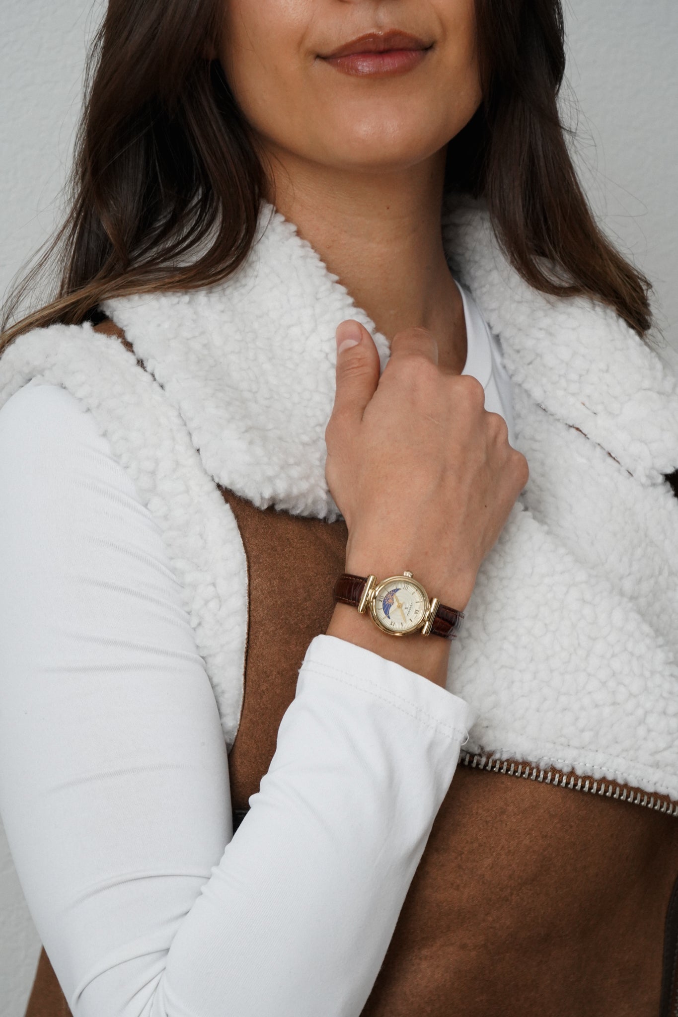 Women's Petite 14K Gold-Plated 25mm Sun-Moon Watch with Brown Glossy Leather Strap