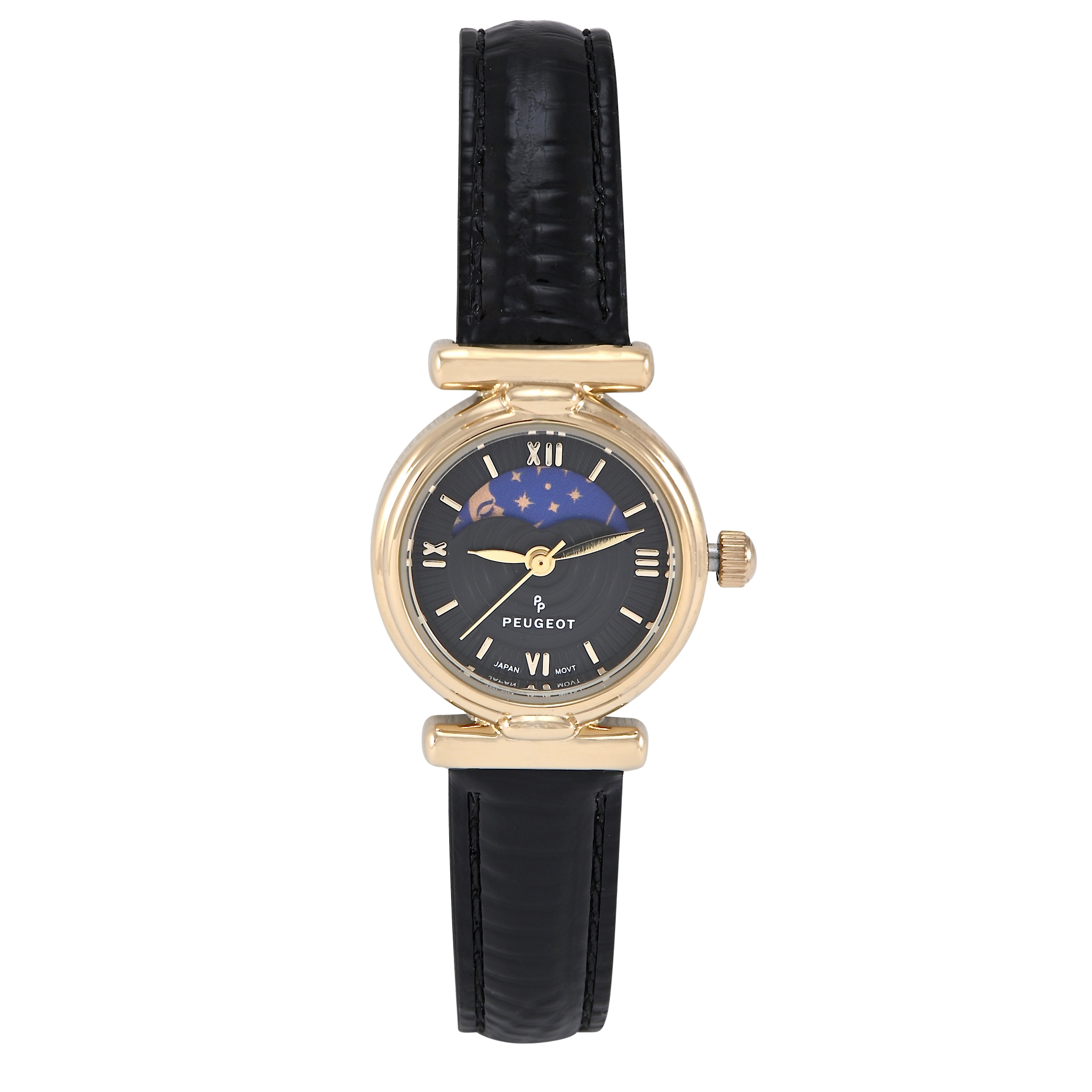 Women 14k gold tone small face vintage watch ,black dial with roman numerals and sun moon display matched with a glossy black leather strap