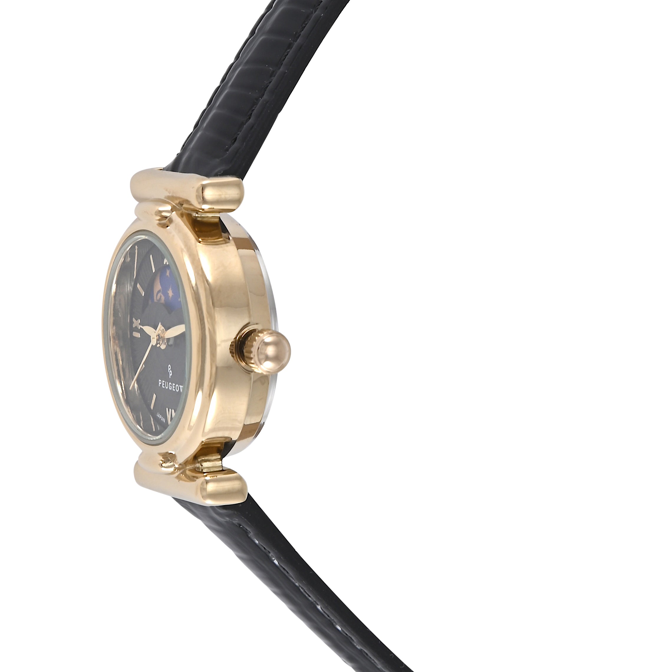 Women's Petite 14K Gold-Plated 25mm Sun-Moon Watch with Black Glossy Leather Strap