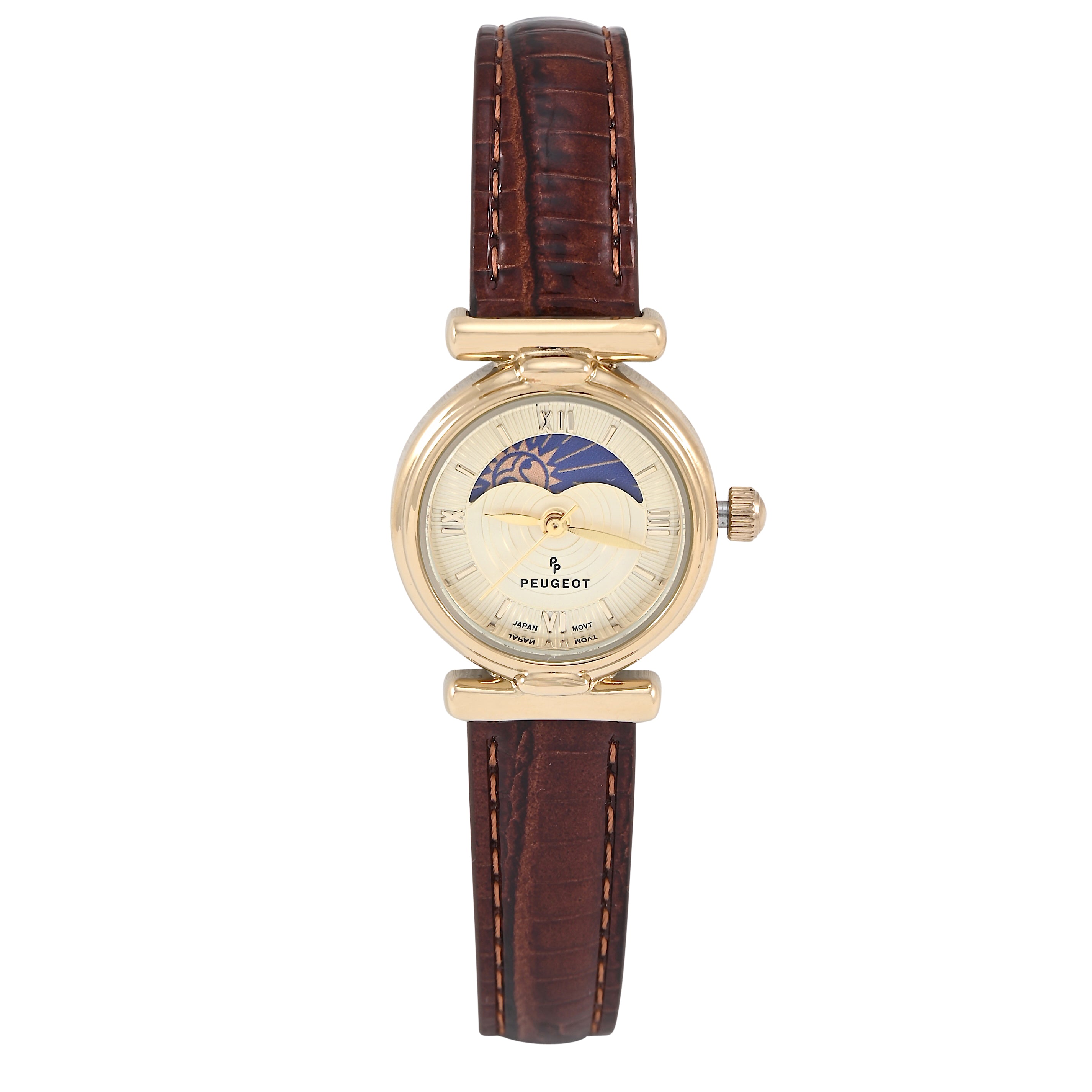 Women's Petite 14K Gold-Plated 25mm Sun-Moon Watch with Brown Glossy Leather Strap