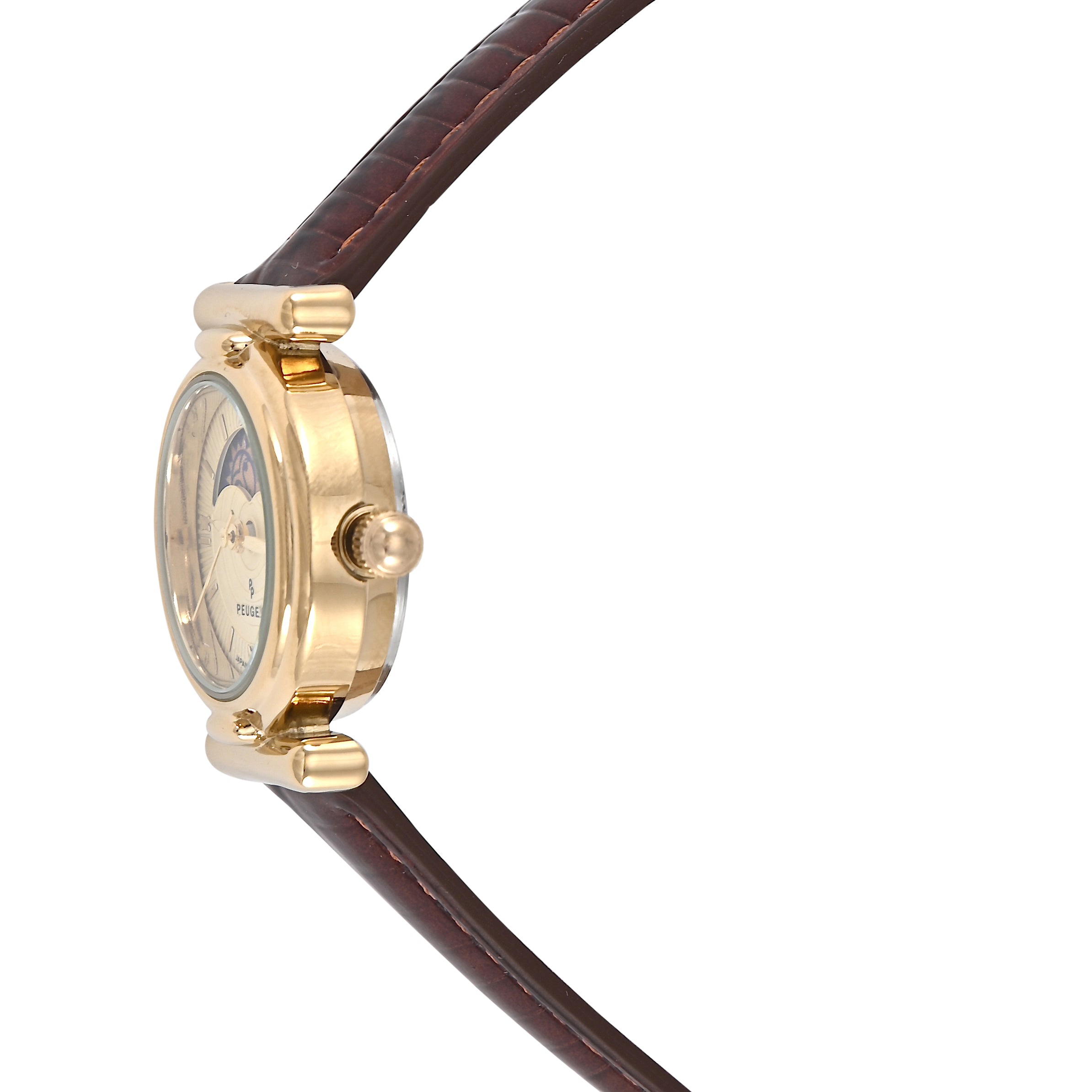 Women's Petite 14K Gold-Plated 25mm Sun-Moon Watch with Brown Glossy Leather Strap