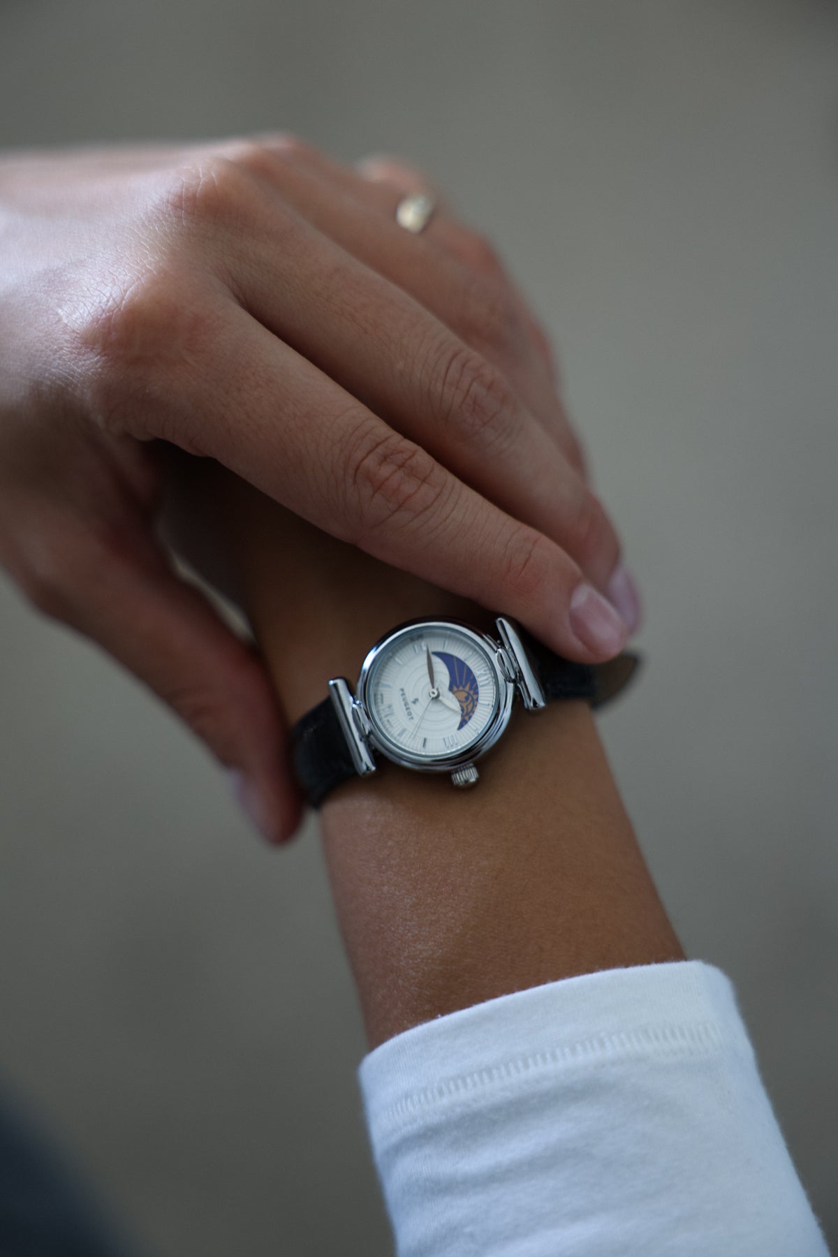 Women's Silver Petite 25mm Sun-Moon Watch with Black Glossy Leather Strap