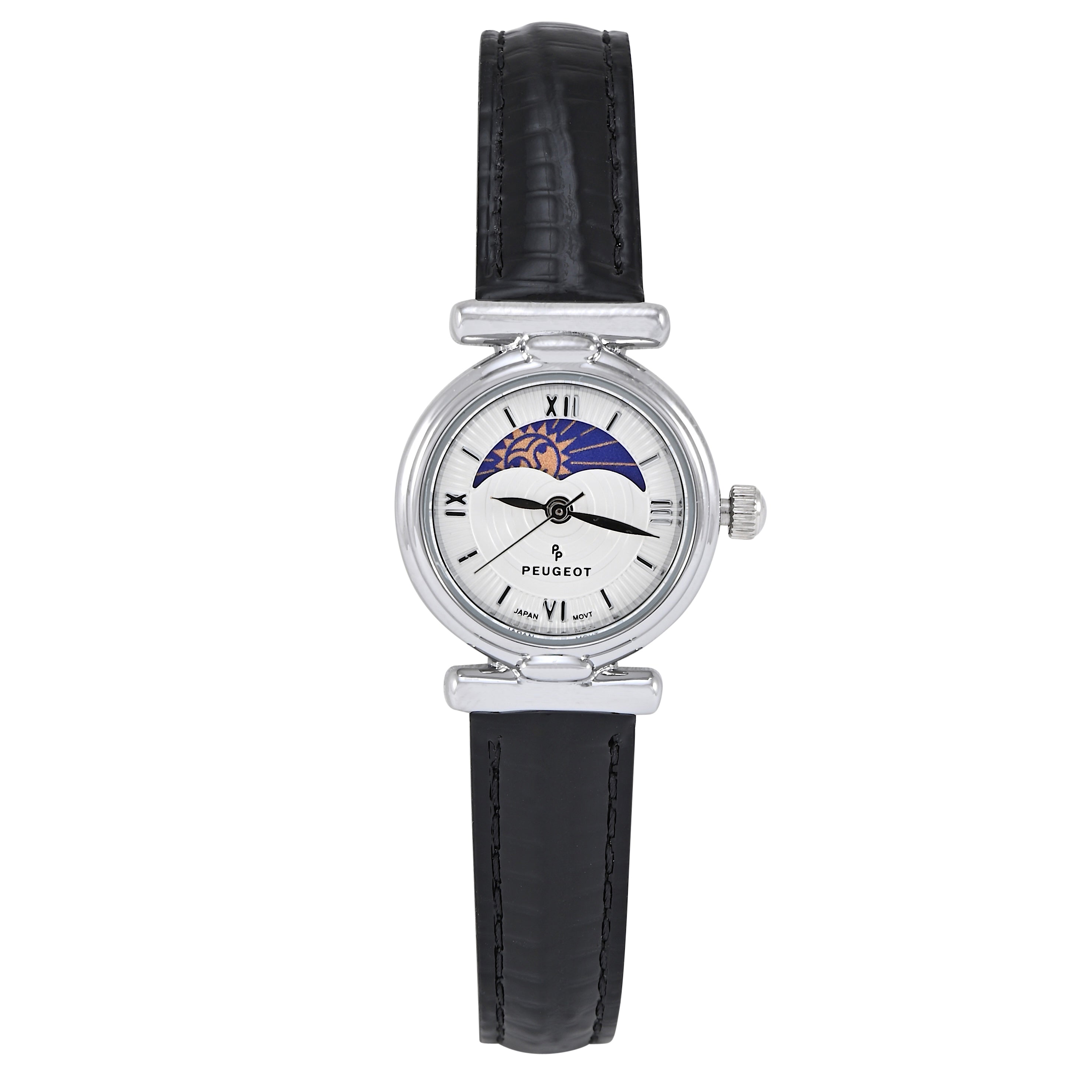 Women silver tone small face vintage watch ,champagne dial with roman numerals and sun moon display matched with a glossy black leather strap