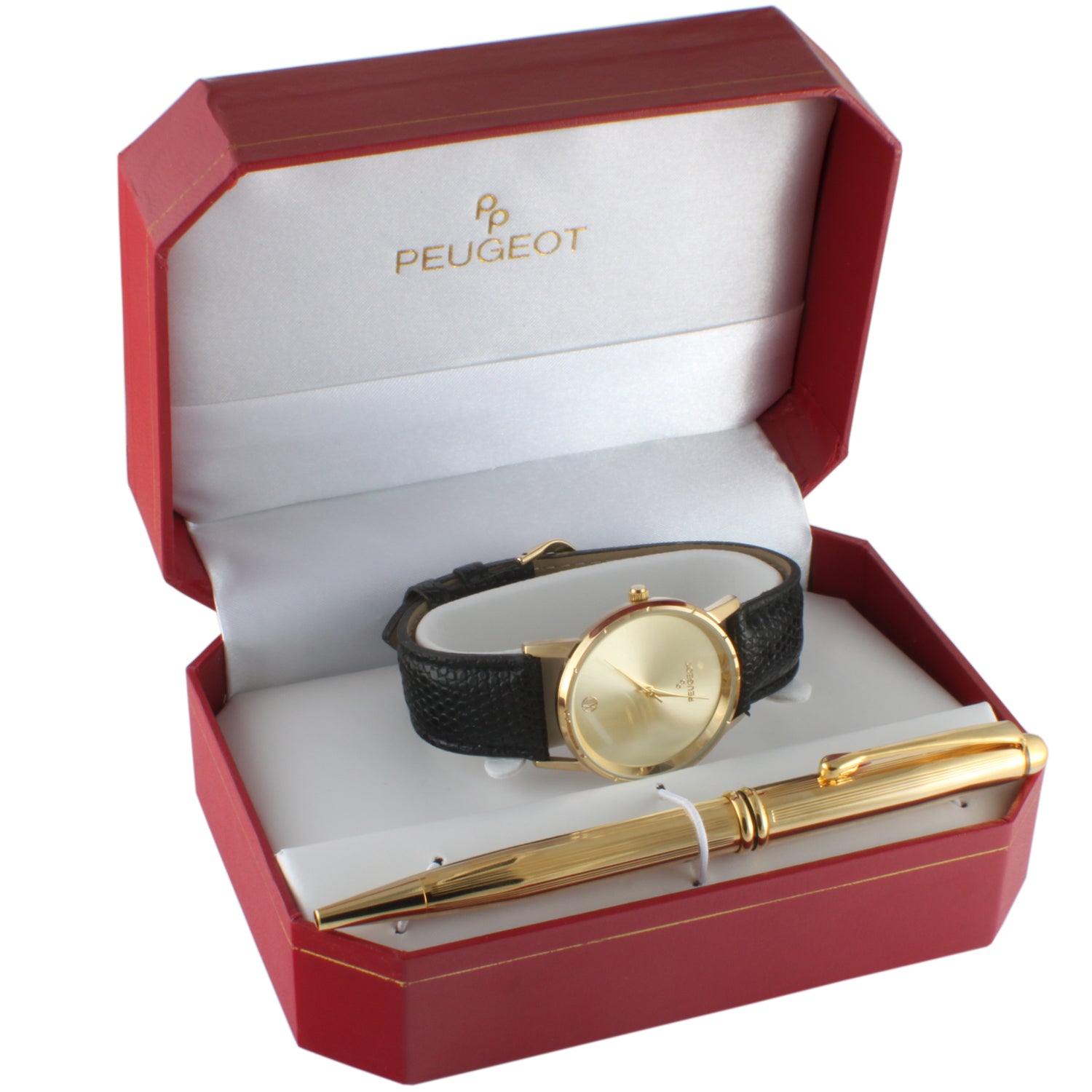 Men Gold Leather Dress Watch & Pen Gift Set